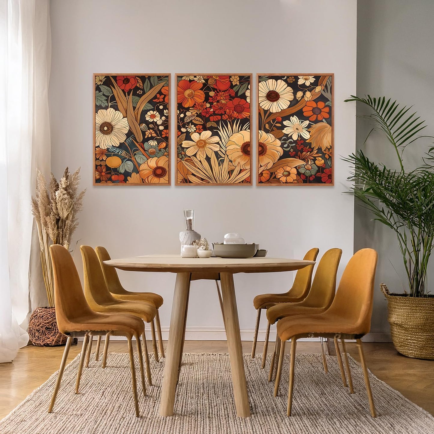 Aurlan Boho Burnt Orange Terracotta Wildflowers Framed Wall Art(16"x24"), 3 PCS Abstract Floral 3D Textured Canvas Artwork, Large Modern Vintage Botanical Nature Art Wall Decor for Home Office Living Room Bedroom