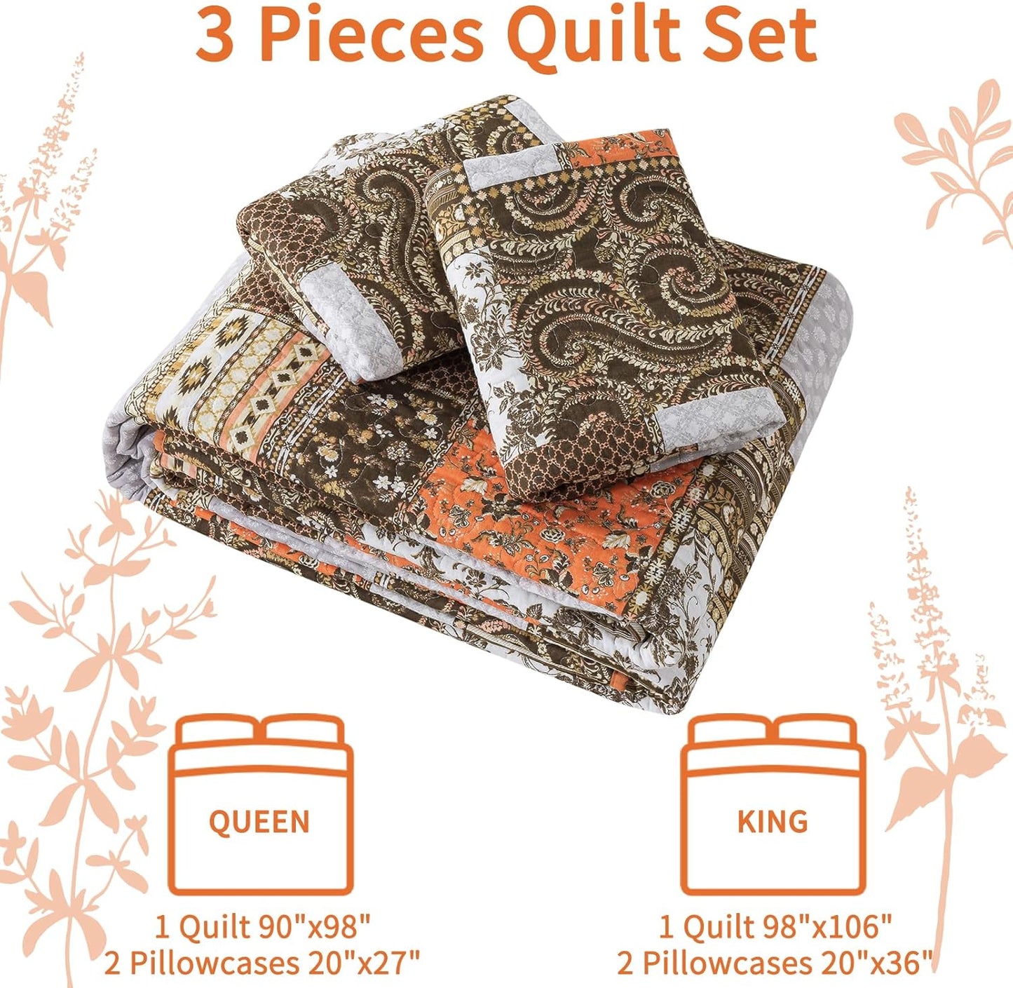 VAPUTAR Quilts Queen Size - Fall Cotton Quilt Set Quilted Bedspread Coverlet Lightweighet Bedding Set with Shams for All Season, 3 Piece Boho Patchwork Quitled Bedspread Queen Size (Dream Orange)