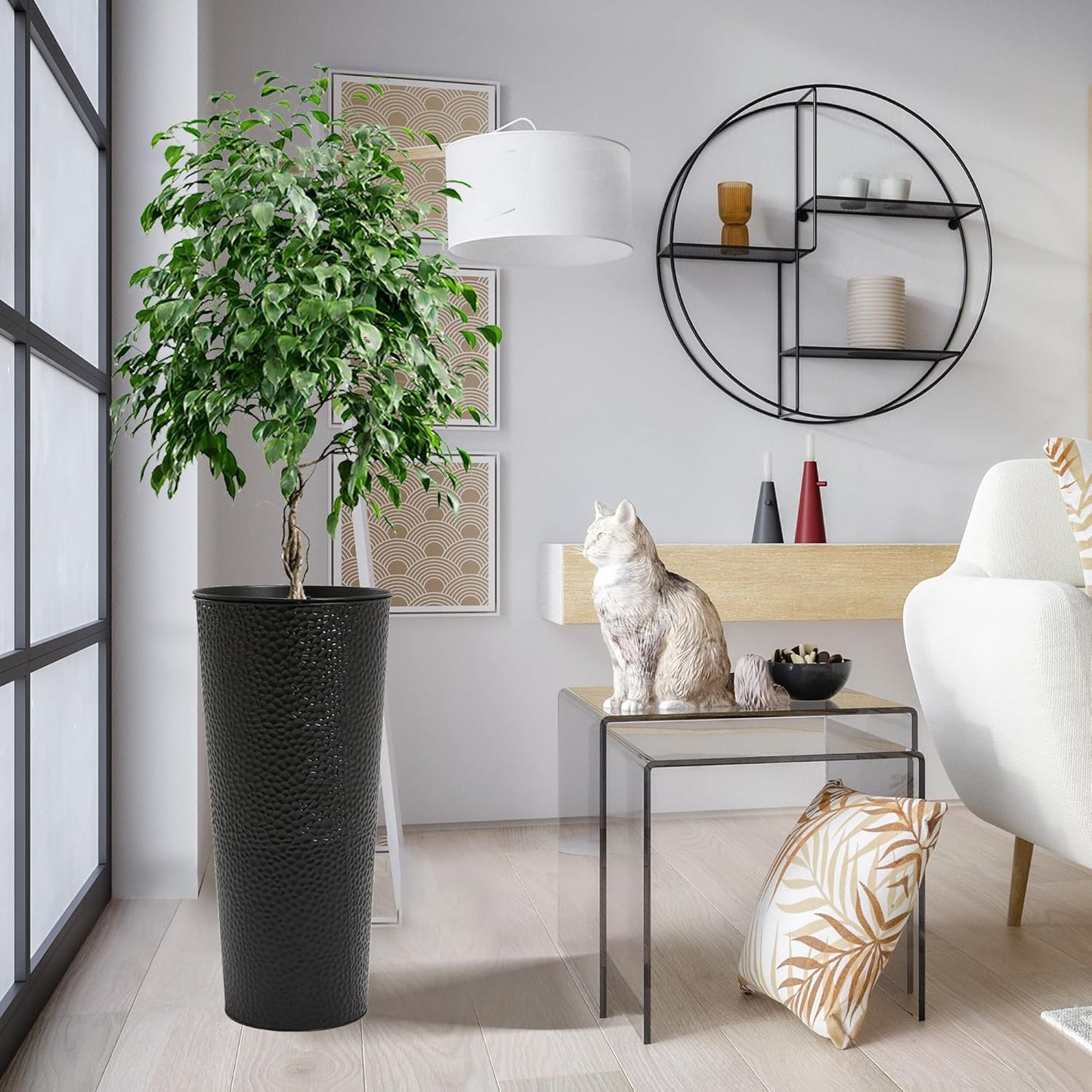 Worth Garden 2-Pack 28" H. Metal Planter with 2X Inside Pots - Hand-Hammered Texture Tall Narrow Tapered Plant Pots - Large Handcrafted Flower Pot for Indoor Outdoor, Deck, Patio, Front Porch (Black)