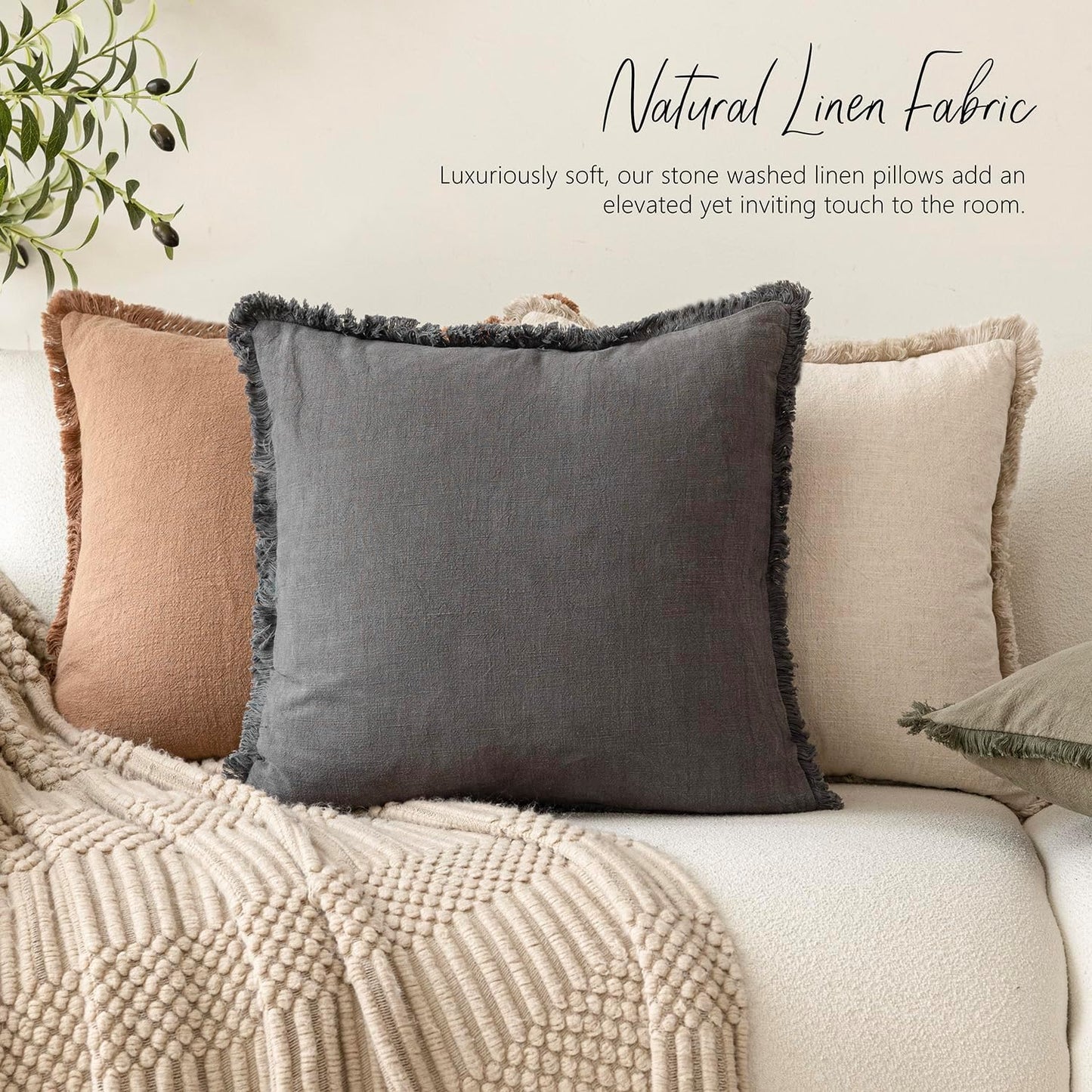 Foindtower Set of 2 Decorative Linen Fringe Lumbar Throw Pillow Covers Boho Farmhouse Cushion Cover with Tassels Soft Accent Pillowcase for Couch Sofa Bed Living Room Home Decor,12×20 Inch,Gray