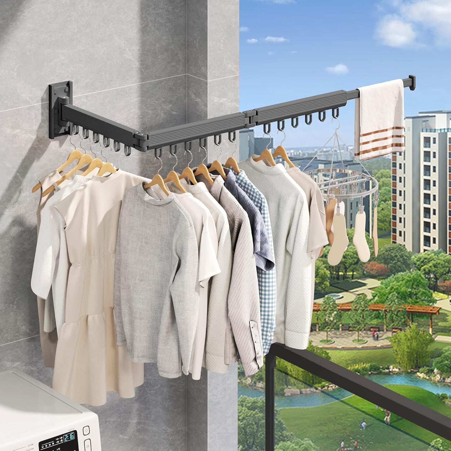 Wall Mounted Clothes Drying Rack - Foldable, Retractable Laundry Hanger with Grey-Rings