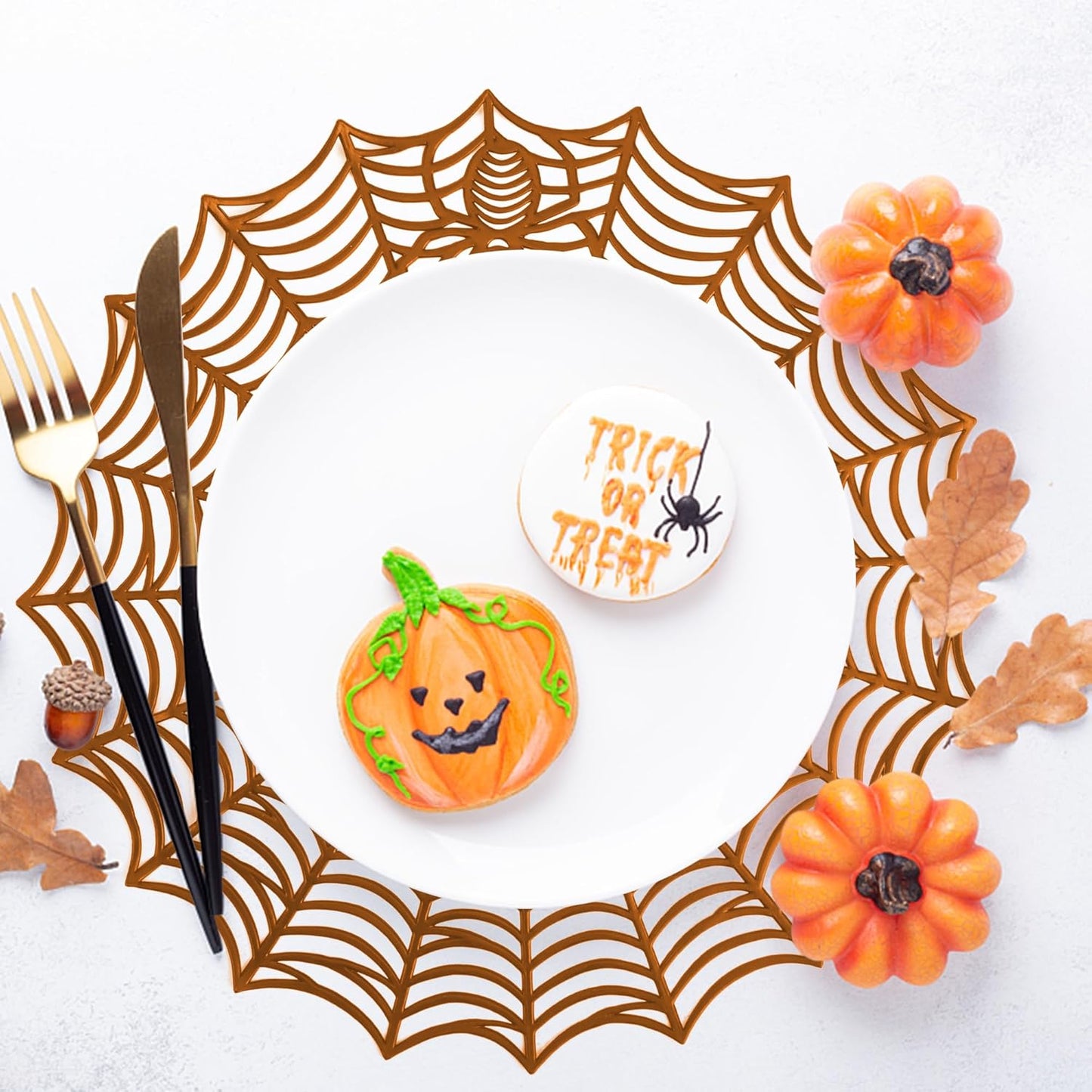 Sfcddtlg 6 Pcs Halloween Spider Web Placemats- 15"" Heat Insulation Halloween Placemats Spider Web Table Mats- Hollow Out Spiderweb Coasters Placemat for Dining Table Halloween Decoration (Brown)