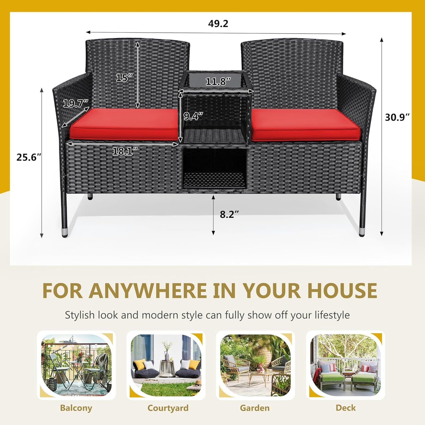 Flamaker Outdoor Furniture Patio Loveseat Wicker 2-Seat with Built-in Table and Cushions Rattan Porch Chairs Bench for Balcony, Lawn, Backyard (Red)