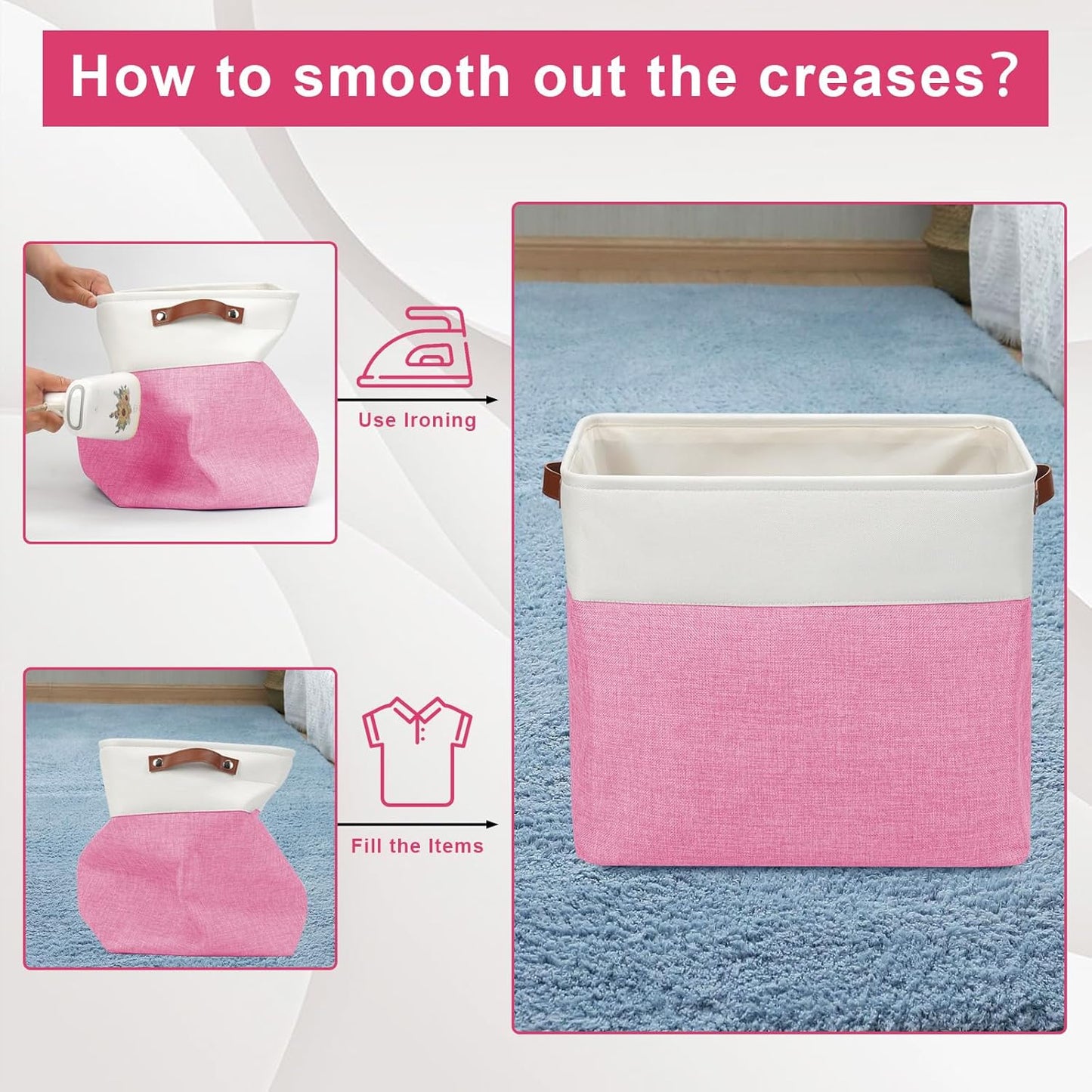 Large Fabric Storage Baskets | 50L Storage Bins, Decorative Linen Closet Baskets with Handles for Organizing, Shelf, Toys, Clothes, Home, Office, Nursery, 17x12x15Inches (Pink&White)