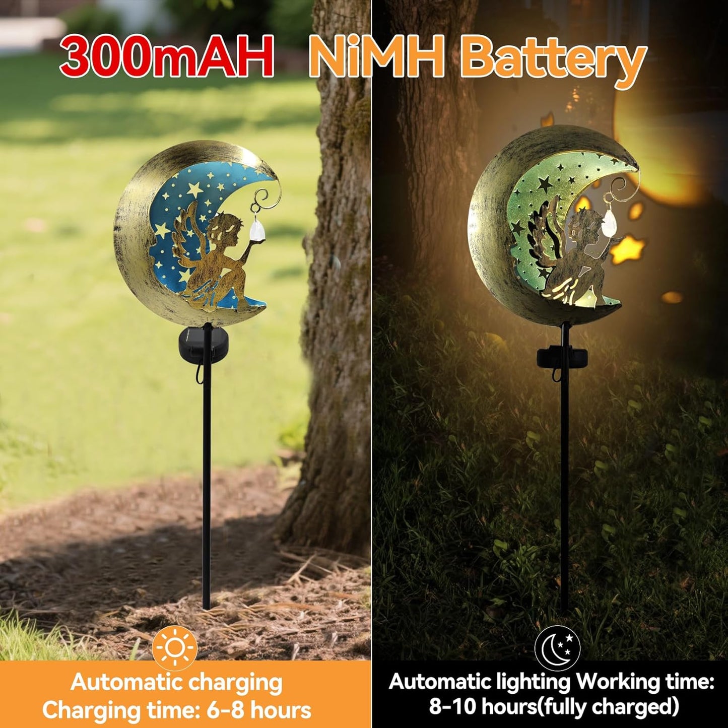 Solar Angel Moon Garden Stake Light – Outdoor Metal Yard Decoration with Crystal Pendant, Waterproof LED Light for Patio, Pathway, Lawn – Rustic Gold & Blue