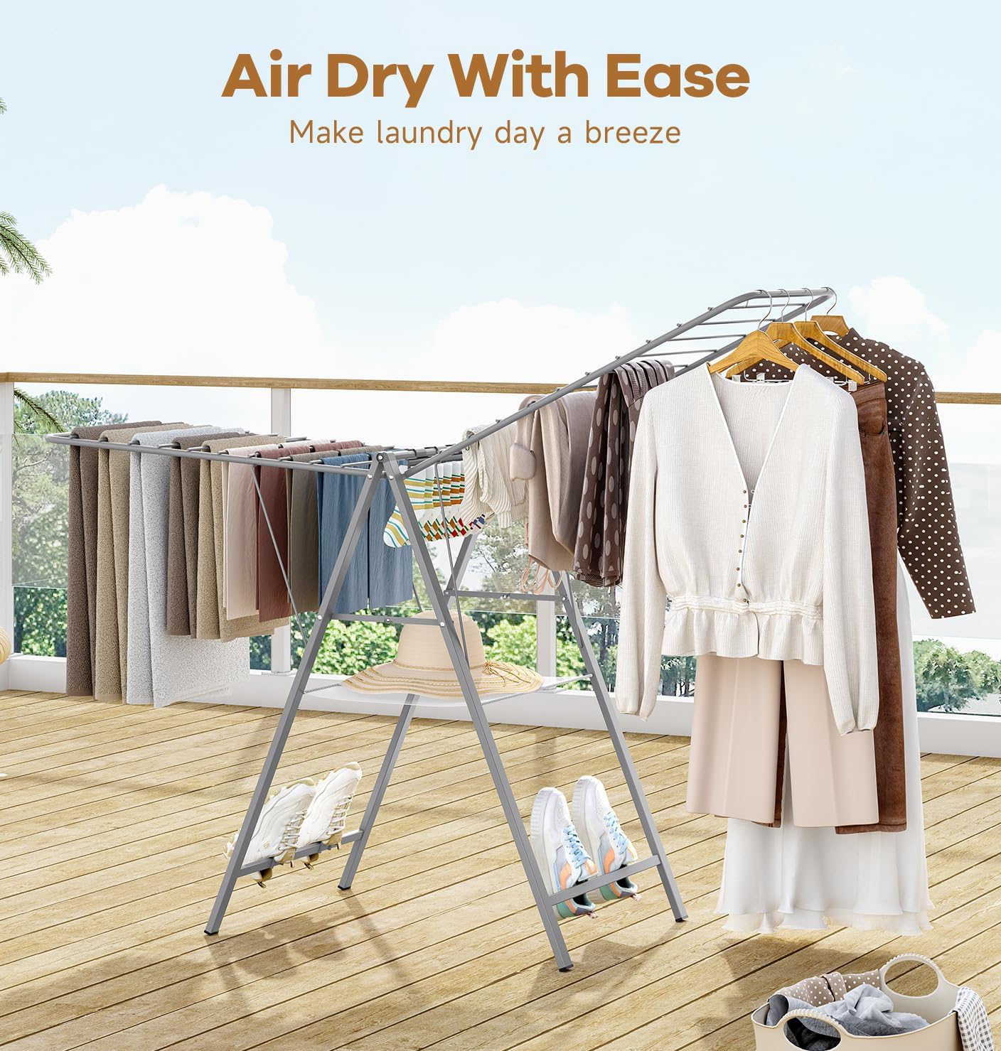 APEXCHASER Clothes Drying Rack Foldable, Metal Laundry Drying Rack Collapsible, Portable Compact Clothes Rack for Sweater Baby Clothes Towel Indoor & Outdoor, Height Adjustable Clothes Airer, Grey