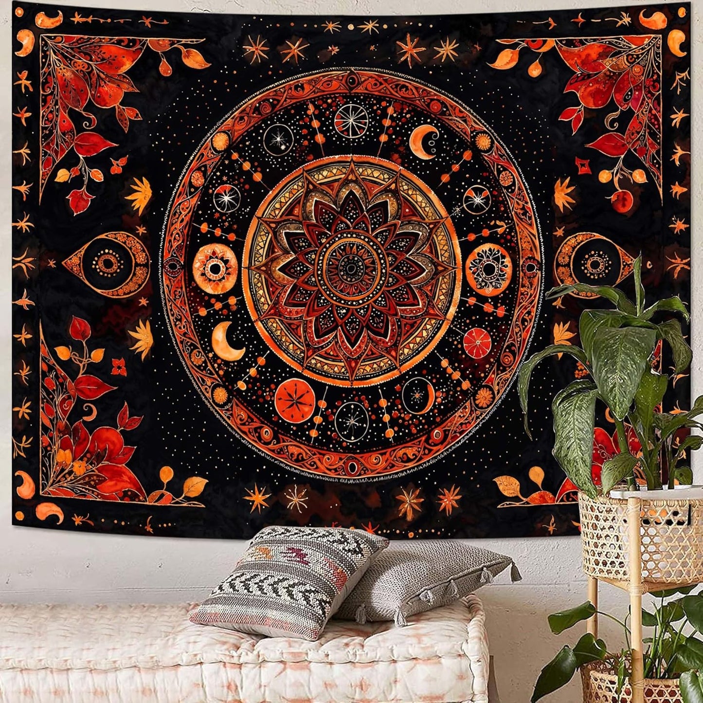 Lunerfex Mandala Moon and Stars Tapestry Boho Tapestry for Bedroom Black and Orange Tapestries Wall Hanging Living Room Wall Art and Home Decor 60x80
