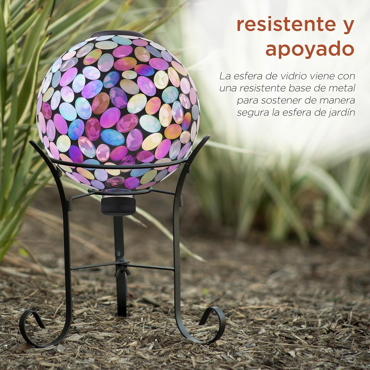 Alpine Corporation Outdoor Solar Powered Pink Glass Mosaic Gazing Globe with LED Lights and Metal Stand, Violet
