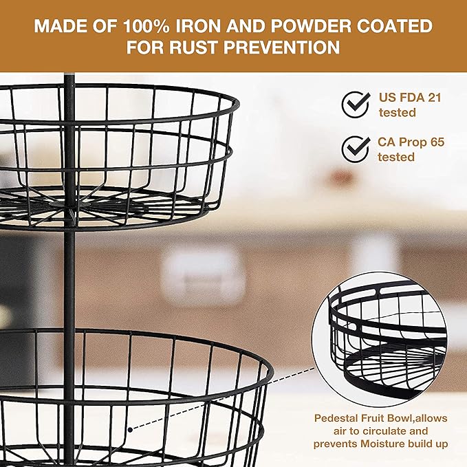 REGAL TRUNK & CO. 3 Tier Fruit Basket, Elegant French Country Wire Baskets, Three Tiered Wire Basket Stand for Vegetables, Bread & More for Countertop or Hanging, Christmas or Birthday Present