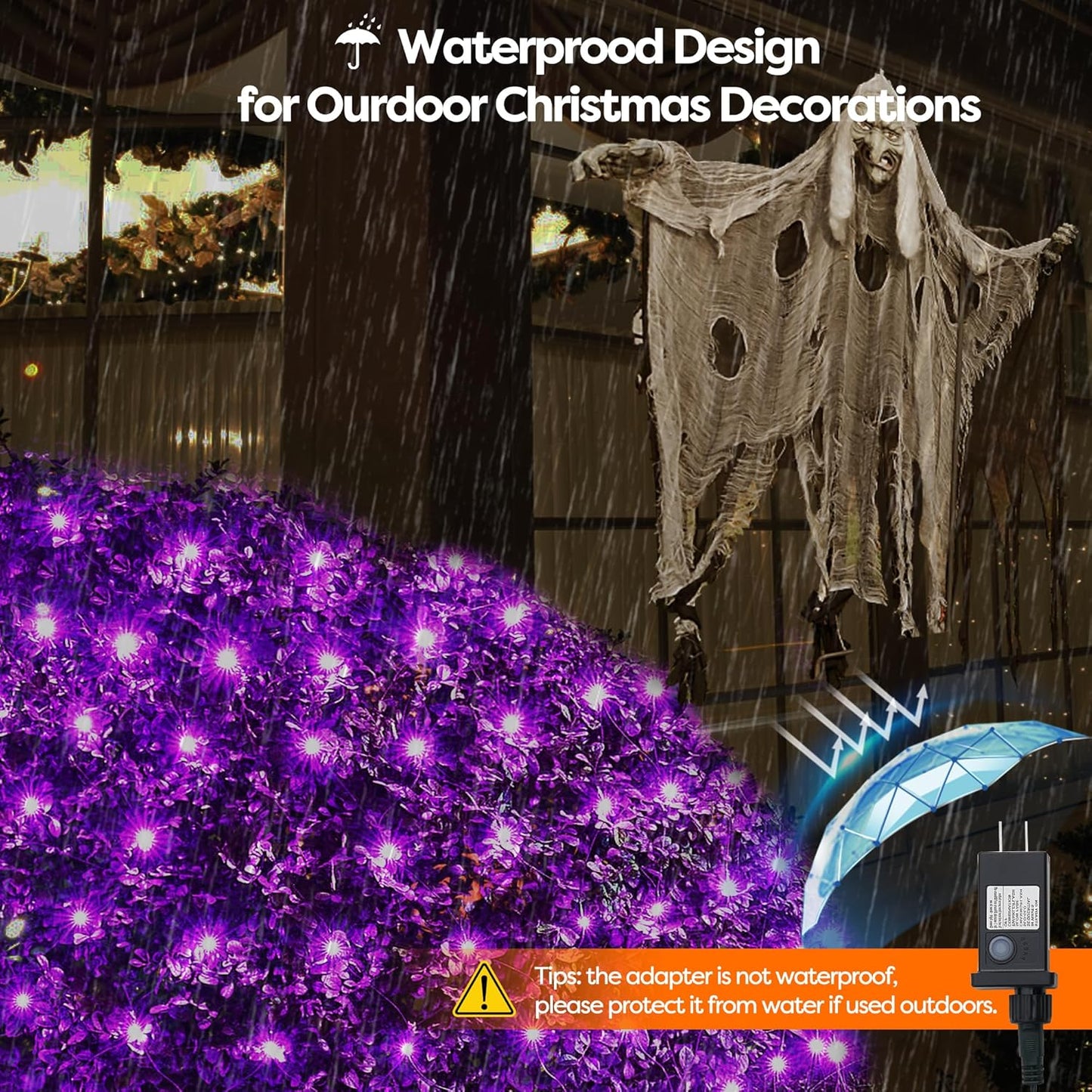 WBao Halloween Lights Outdoor 200LED 8.4ft x 5.2ft Purple Net Lights with 8 Modes, Timer, UL Certified, Connectable, Waterproof & Dark Green Wire for Lawn, Bushes, Trees, Outdoor Halloween Decorations