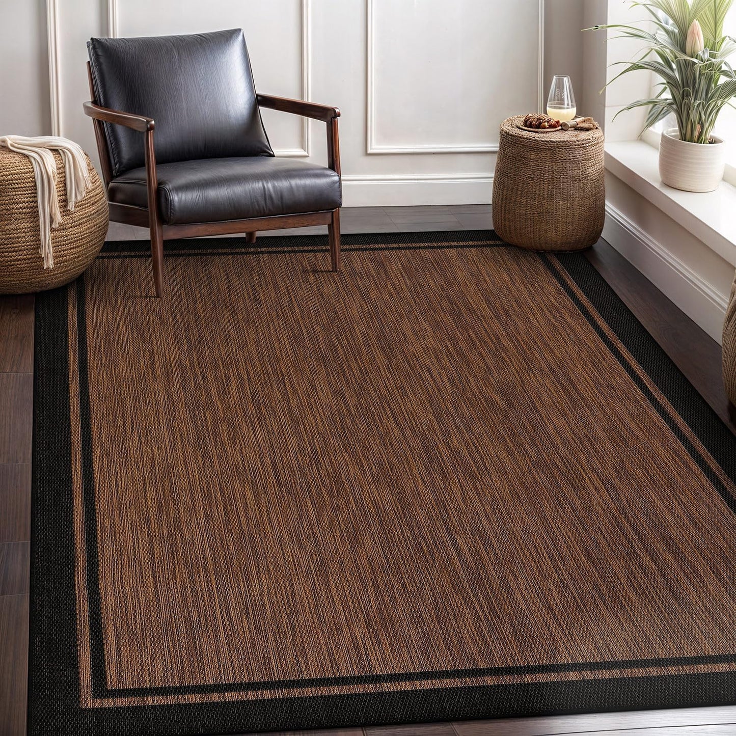 CAMILSON Indoor Outdoor Rug, 5x7 Bordered Nut Brown Black Modern Area Rugs for Indoor and Outdoor Patios, Kitchen and Hallway Mats, Washable Porch Deck Outside Carpet (Bordered Nut Brown Black, 5 x 7)