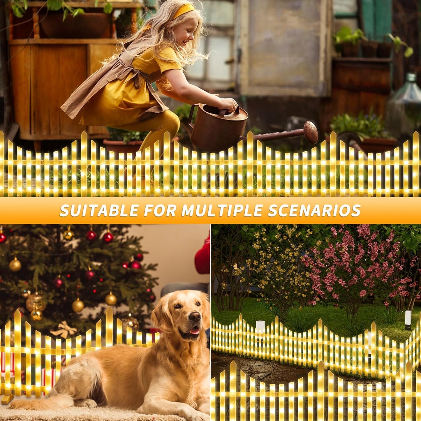 Hopolon 4 Pack Solar Garden Lights Outdoor, 11.1in (H) X 4.6ft (L) 144 Led White Picket Fence Border Solar Powered with Remote, Decorative Christmas Lights for Tree Yard Pet Barrier