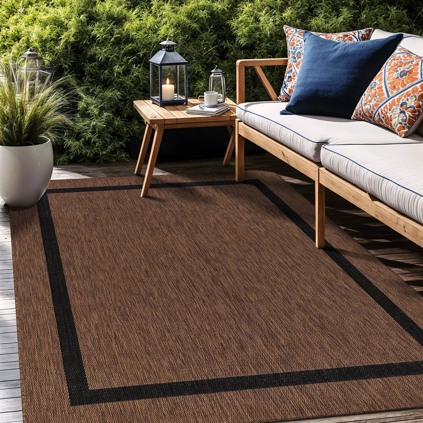 Bordered Outdoor Rug 10x14 Washable Outside Carpet for Indoor Patio Porch Waterproof Easy Cleaning Non Shedding Area Rugs Nut Brown - Black 10 x 14