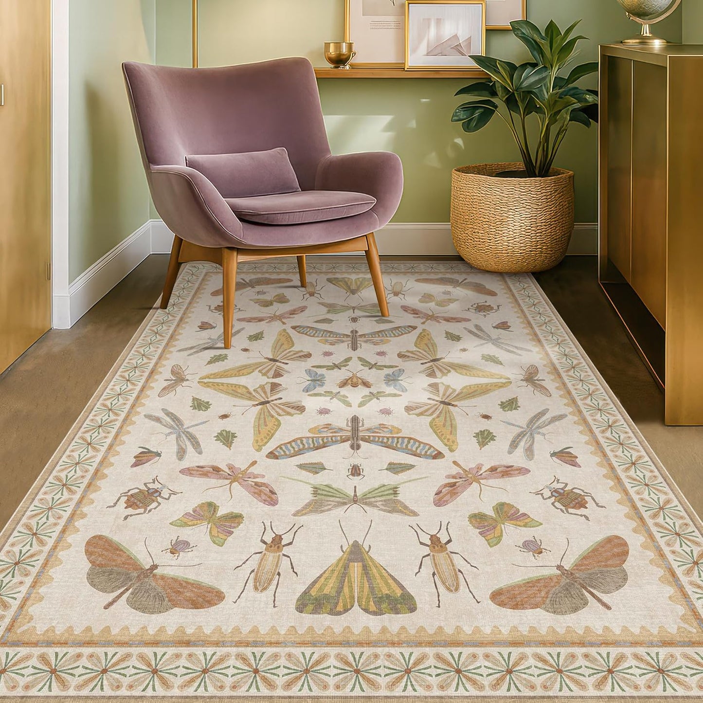 Floral 4x6 Rugs for Small Living Room - Beige and Yellow Pastel, Low Pile Non Slip Stain Resistant Throw Rug for Under Bed, Large Entryway, Kitchen, Floor Carpet Aesthetic Kids