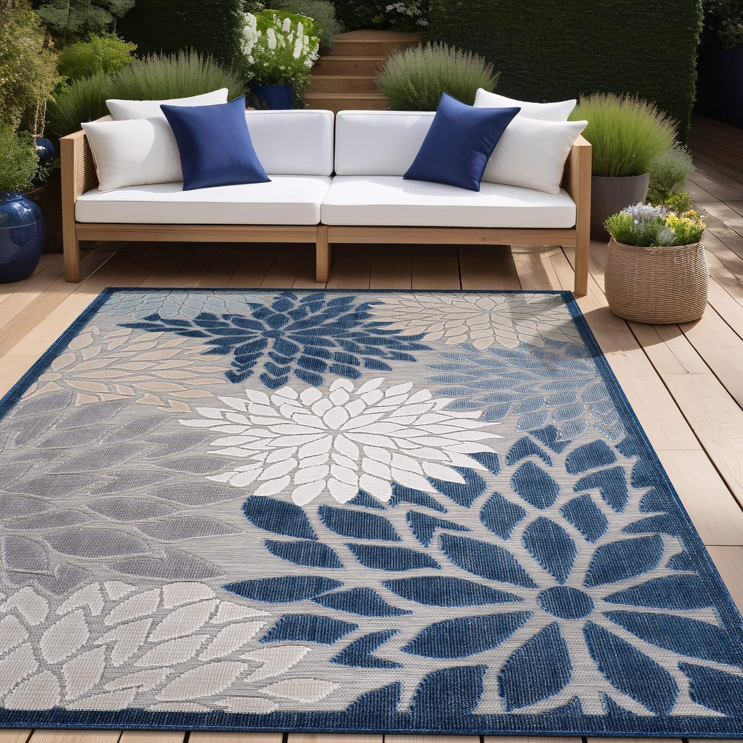 Beverly Rug Outdoor Rug 6x9 Modern Floral Tropical Area Rugs for Indoor and Outdoor Patio Easy to Clean Non Shedding Living Room Porch Garden Washable Outside Carpet (6 x 9 Blue)