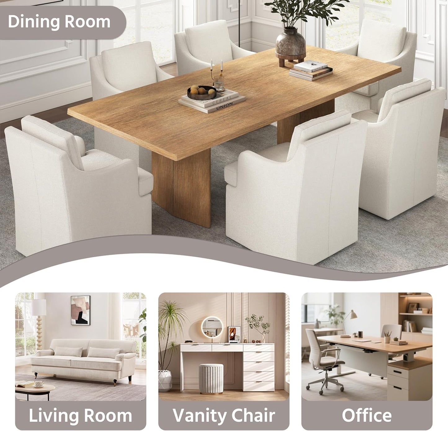 VKNOW Upholstered Dining Chairs Set of 4, Modern Kitchen Chairs Dinner Chairs with 4 Casters, Linen Armchair for Bedroom Reading Room Living Room, Beige