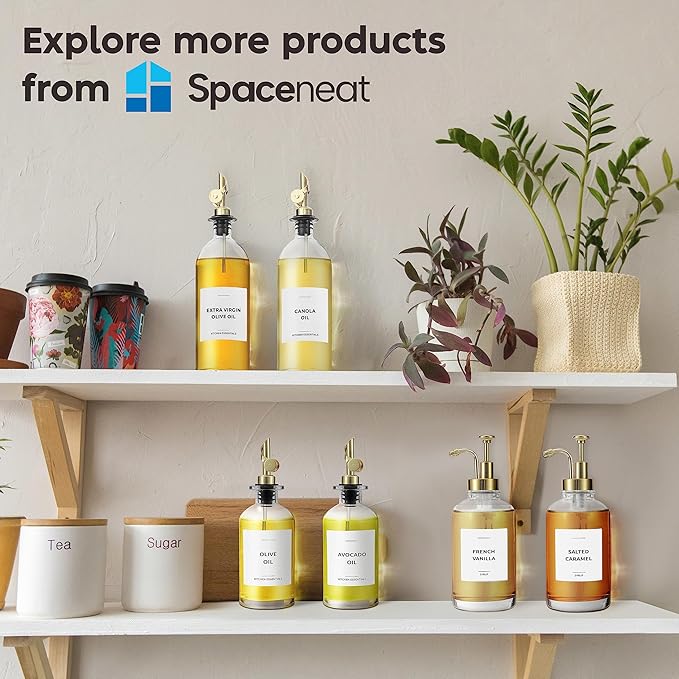 Olive Oil Dispenser Bottle - Includes 55 Kitchen Essential Labels - Cooking Oil Bottles for Kitchen, Coffee Syrup Dispenser - Pourer Spout with 11.8 fl oz Glass Container Cruet - 2pcs, Gold