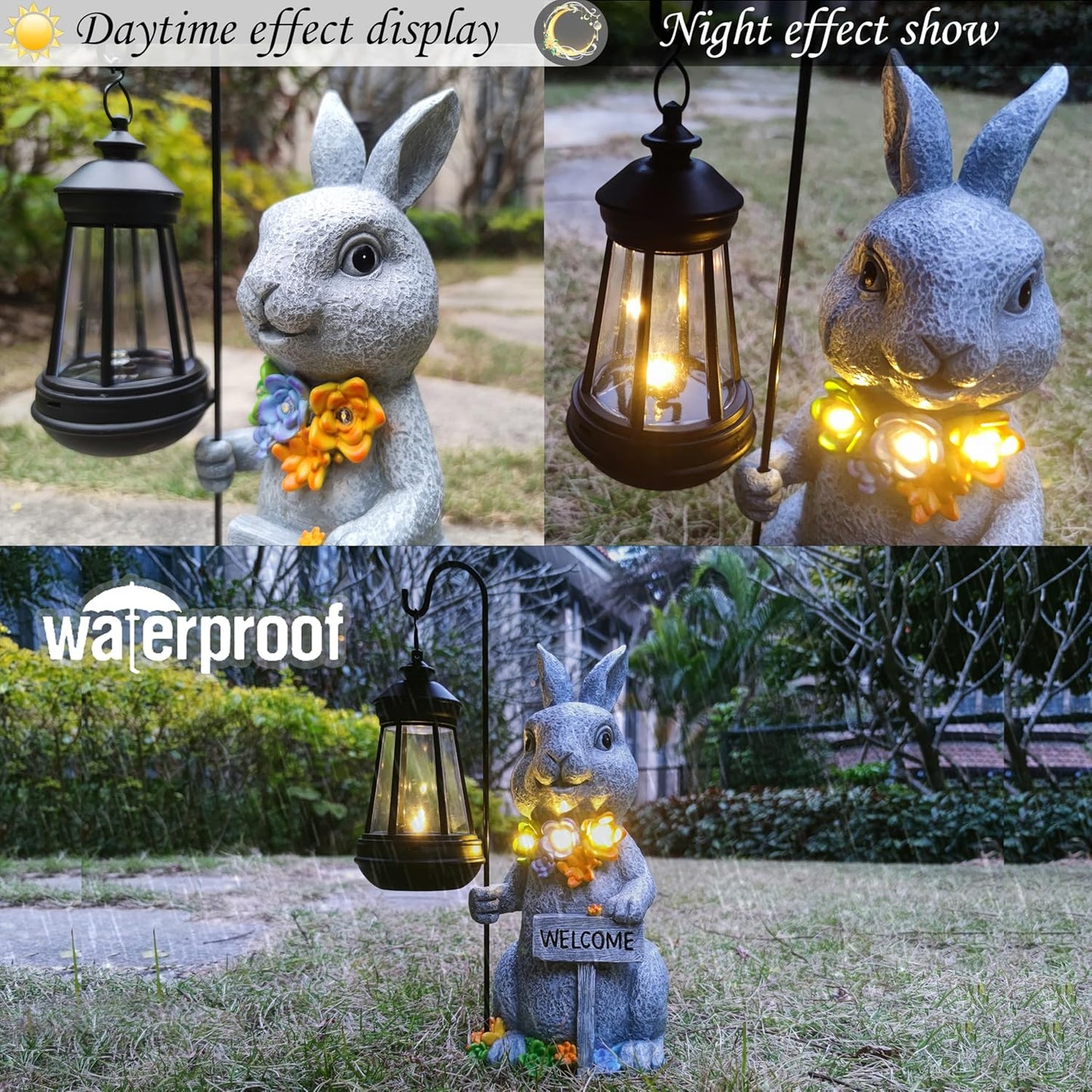 Solar Rabbit Garden Statues Outdoor Décor with Lantern- Rabbit Figurines Solar LED Light Lawn Ornaments - Yard Decorations for Patio, Balcony, Backyard -Unique House Warming Gifts for Mom