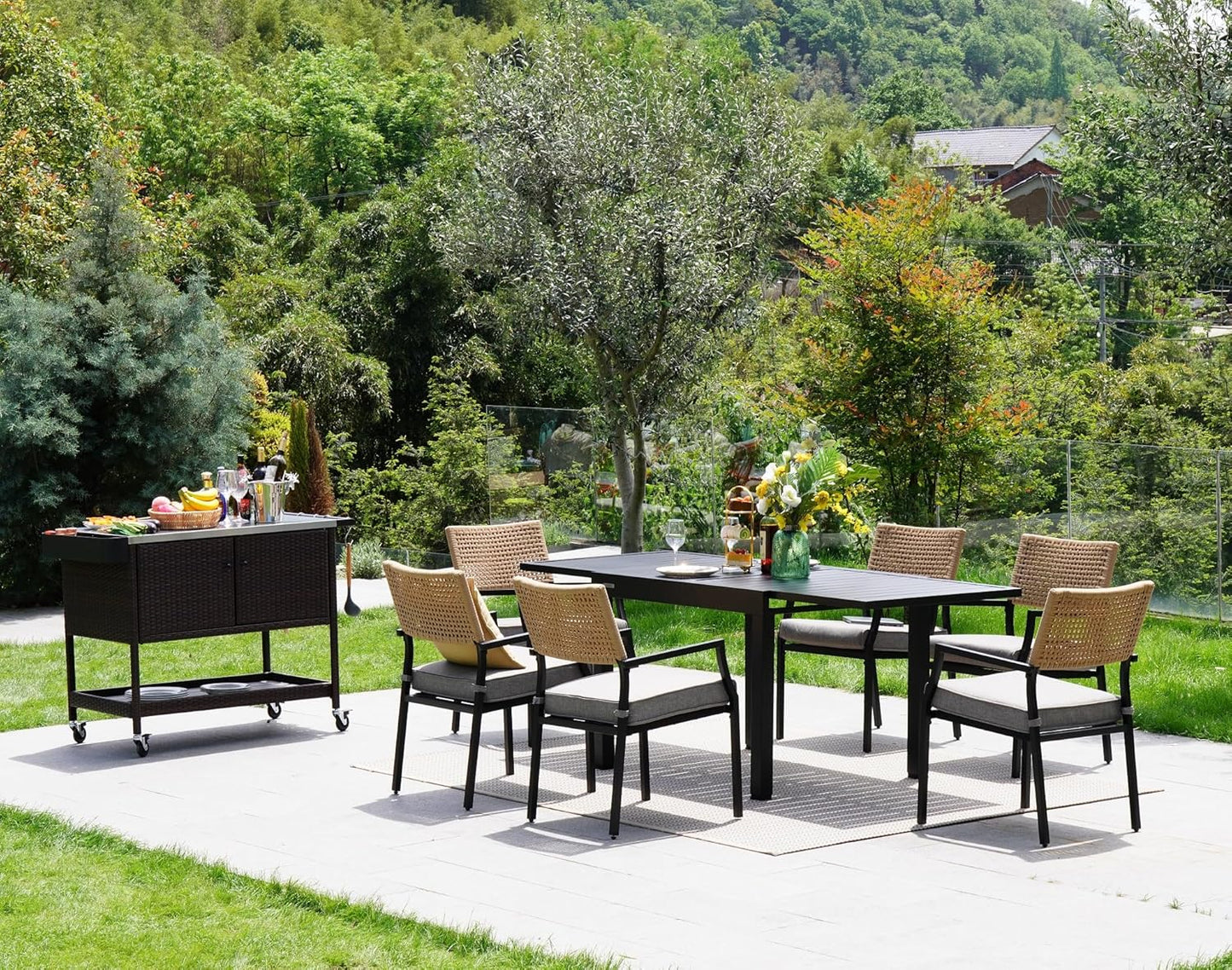 Grand patio Outdoor Wicker Bar Cart, Outdoor Bar Table with Stainless Steel Tabletop, Patio Kitchen Island Grill Cart with Storage Cabinet and 4 Hooks