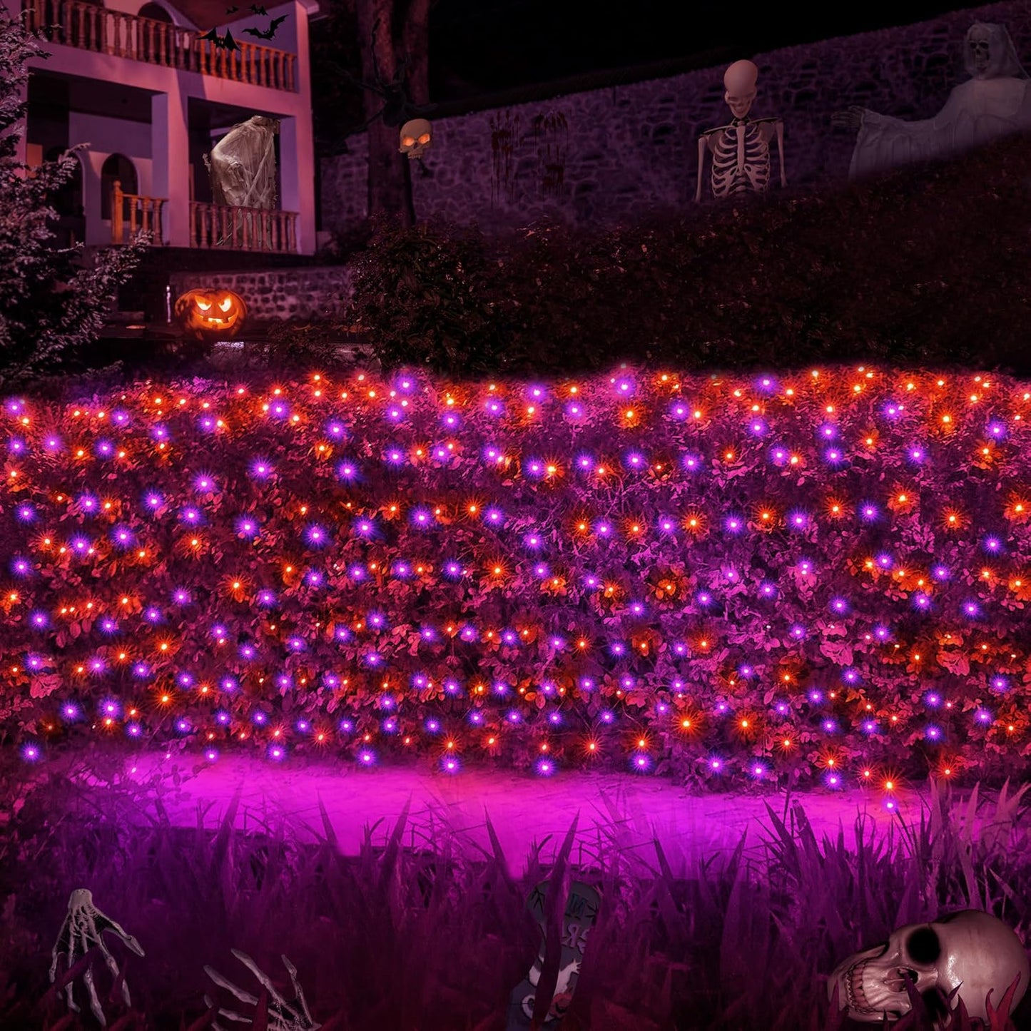 WBao Halloween Lights Outdoor 200LED 8.4ft x 5.2ft Orange Purple Halloween Net Lights with 8 Modes, Timer, Connectable, Waterproof & Dark Green Wire for Lawn, Bushes, Trees, Outdoor Holiday Decor
