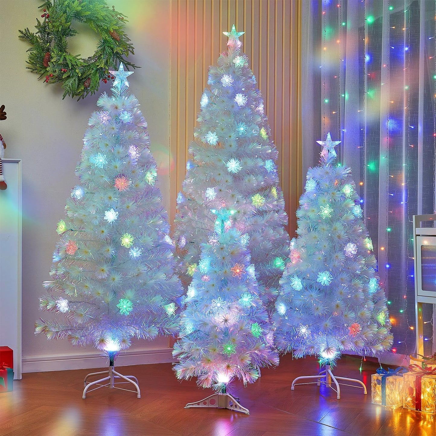 Juegoal 6ft Pre-Lit Artificial Christmas Tree, Lighted Optical Fiber Xmas Trees with Color Changing LED Lights, Snowflakes & Top Star, Party Home Holiday Fake Multicolored Tree with Metal Legs, White