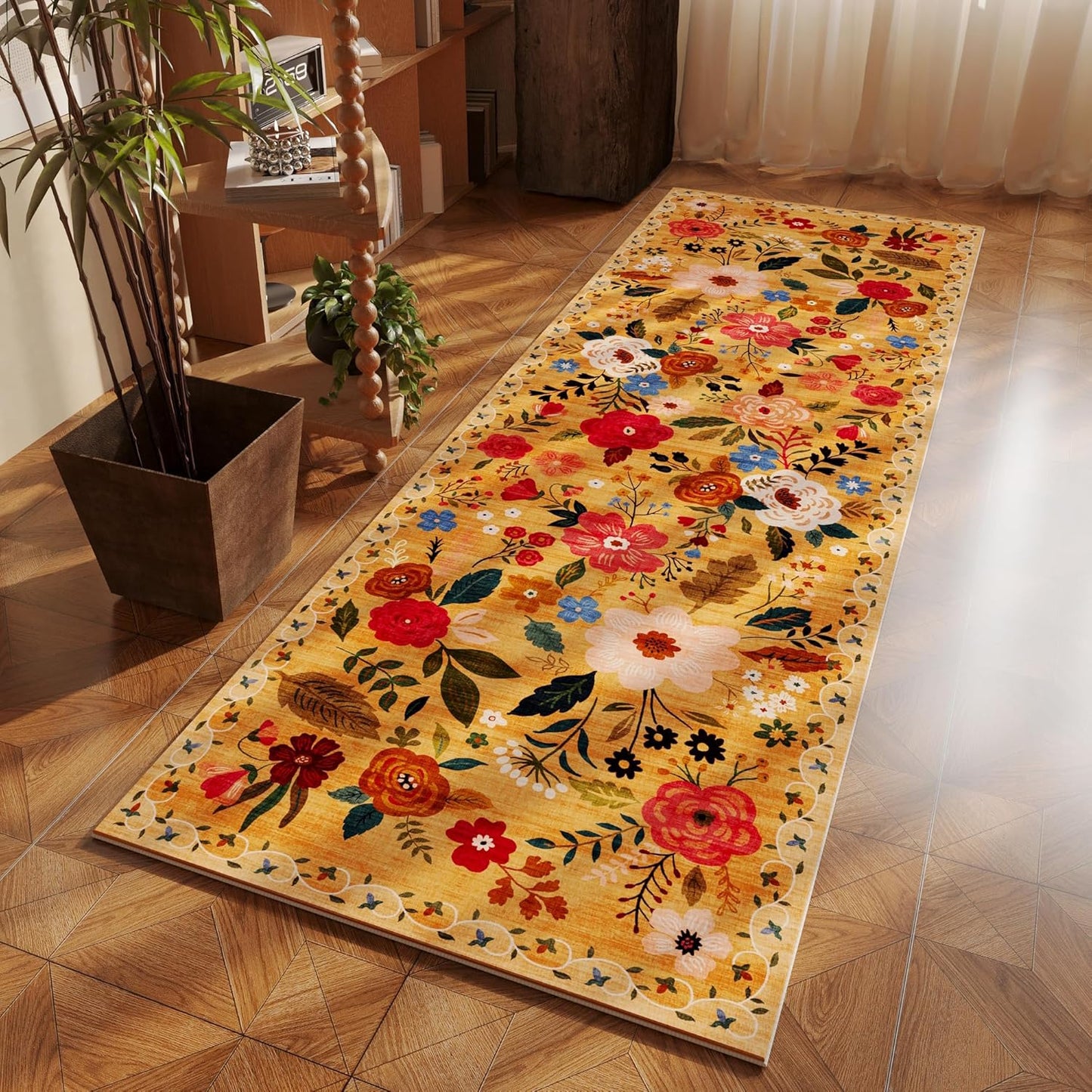 Runner Rug for Kitchen Rug Non Slip 2'x 6' Washable Rugs with Rubber Backing Soft Floral Carpet Runner for Hallways, Kitchen, Laundry, Bedroom, Bathroom(Yellow)