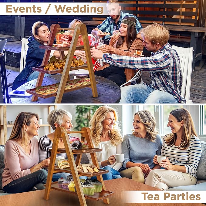 MAJURI 3 Tier Wooden Serving Tray, Set of 2 Tongs Free, Tiered Serving Trays & Platters for Party, Wedding, Picnic, Your Perfect Elevated Charcuterie Stand and for 3 Tiered Dessert Stand Lovers