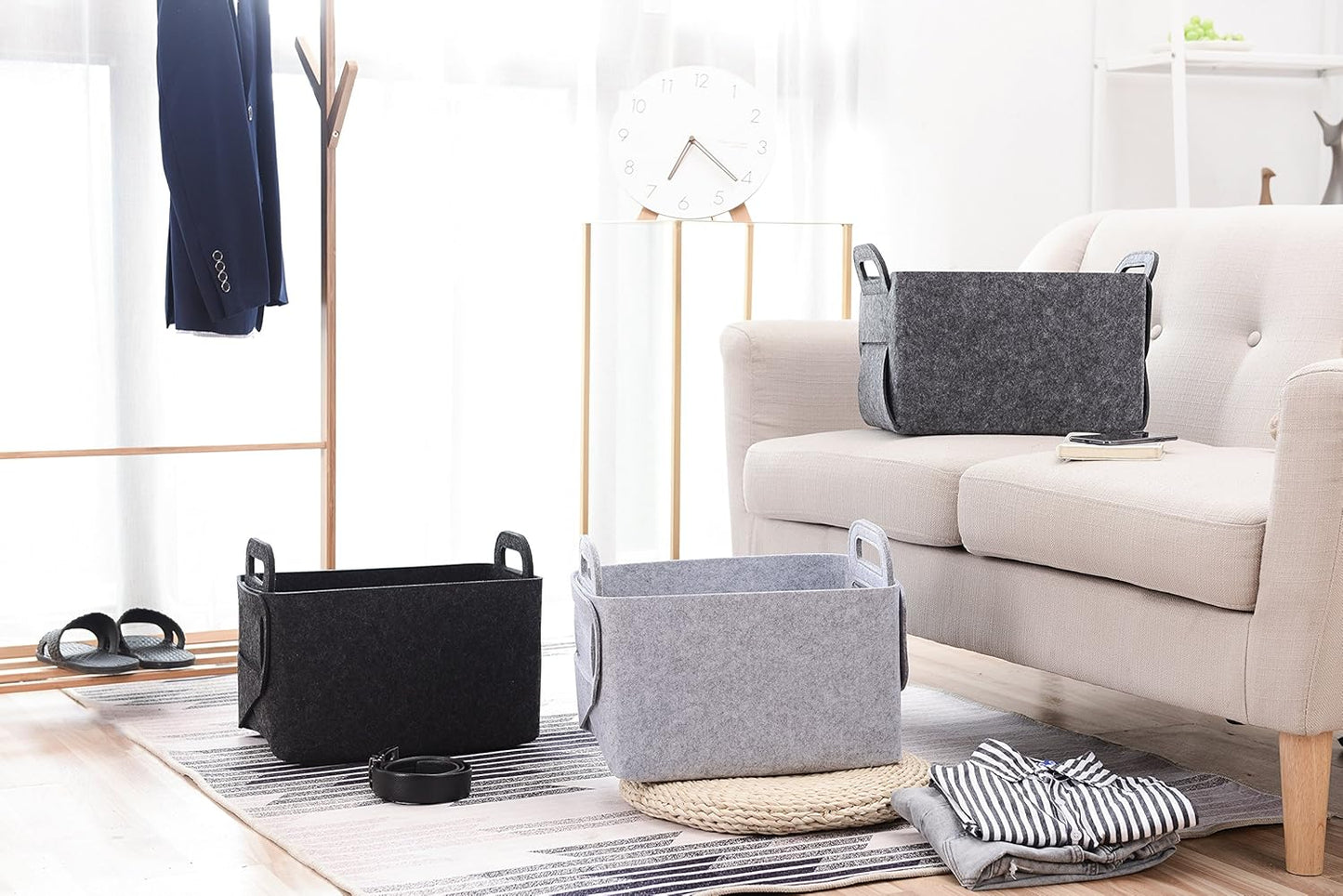 Minoisome Storage Basket Felt Storage Bin Collapsible& Convenient Box Organizer with Carry Handles for Office Bedroom Closet Babies Nursery Toys Laundry (Dark grey, 13.8inch(L)×9.5inch(W)×8.3inch(H))
