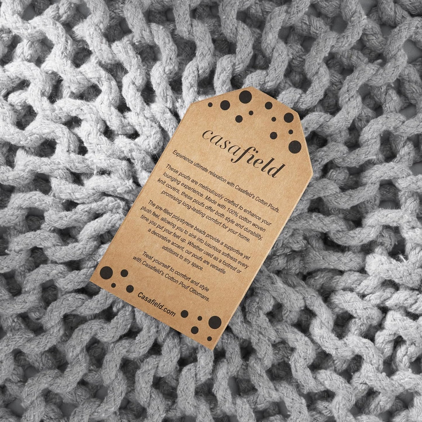 Casafield Round Pouf Ottoman, Light Gray - 20" Diameter x 14.5" High Cotton Knit Foot Stool - Boho Floor Pouffe for Living Room, Bedroom, Home Office