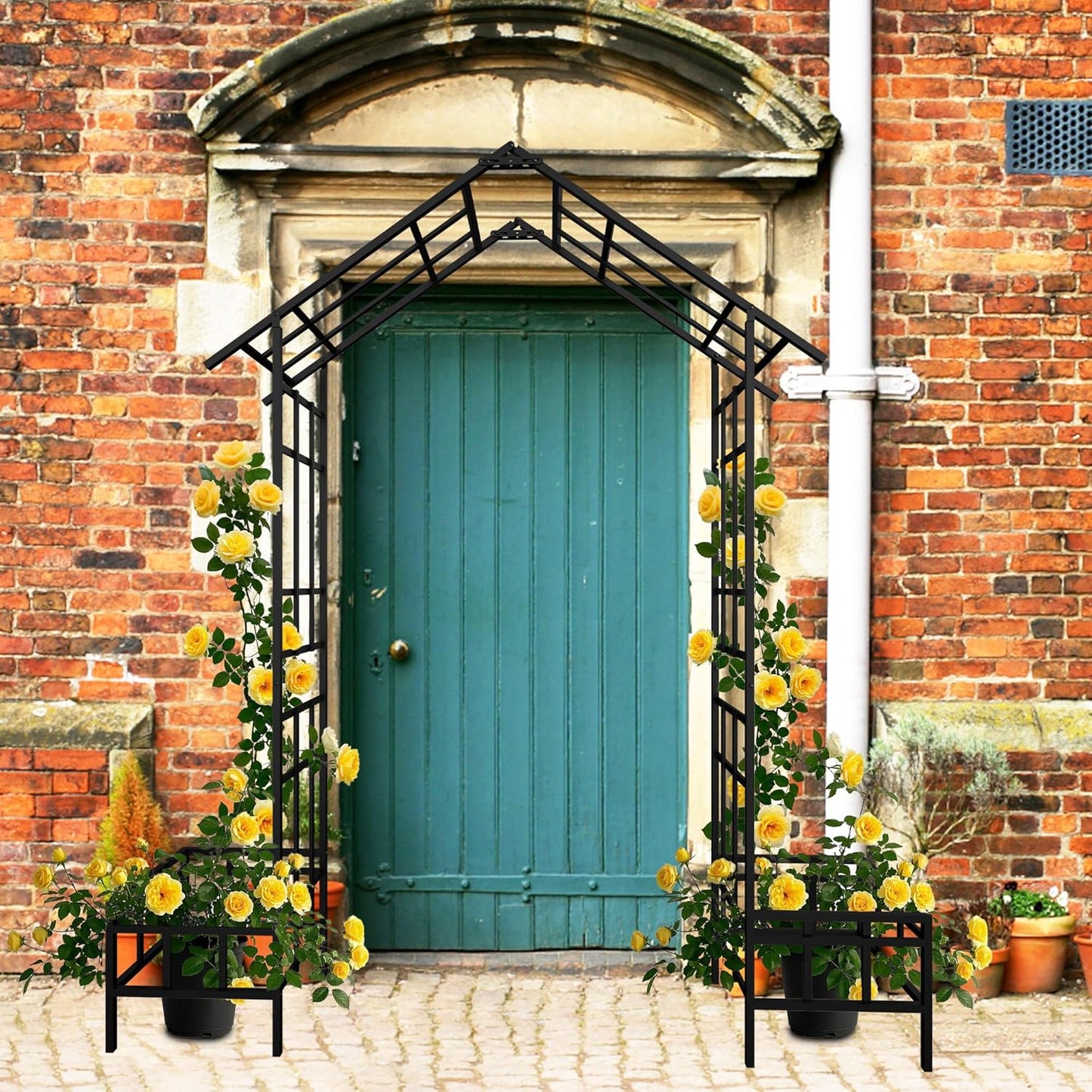 Metal Garden Arch with Plant Box Adjustable Width W68.11'' ~W94.29'' Garden Trellis Climbing Plants Support Rose Arch Outdoor Wedding Party Events Archway,Black