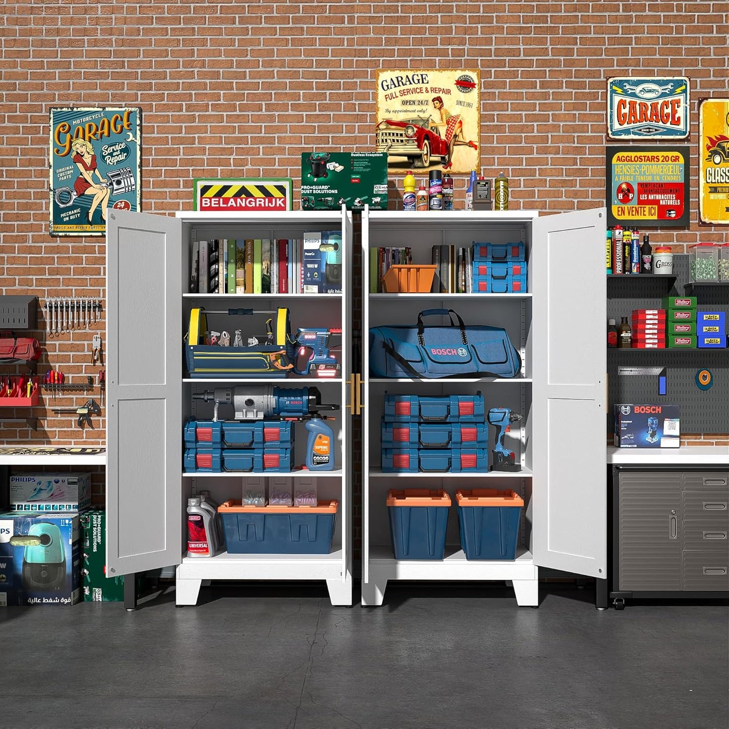 White Metal Storage Cabinet, 61" Steel Cabinets for Home Office, Kitchen Pantry Storage Cabinet with Doors and 3 Adjustable Shelves, Tool Cabinet, for Office, Home, Garage, School