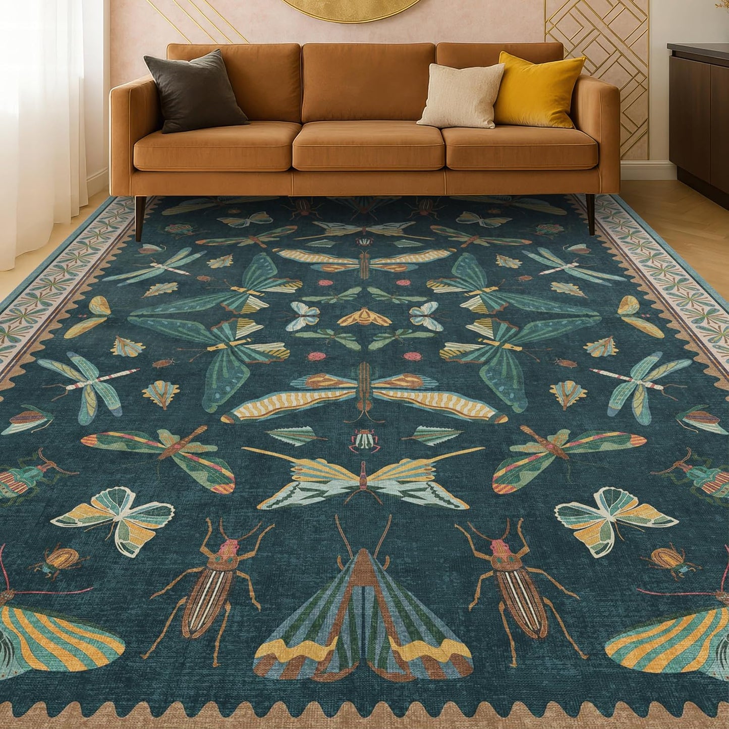 Oriental Blue and Green Area Rugs for Living Room 6x9 - Insect & Butterfly Dining Table Rug, Bedroom Boys, Washable Non Skid Rubber Backed, Vintage Funky Home Décor
