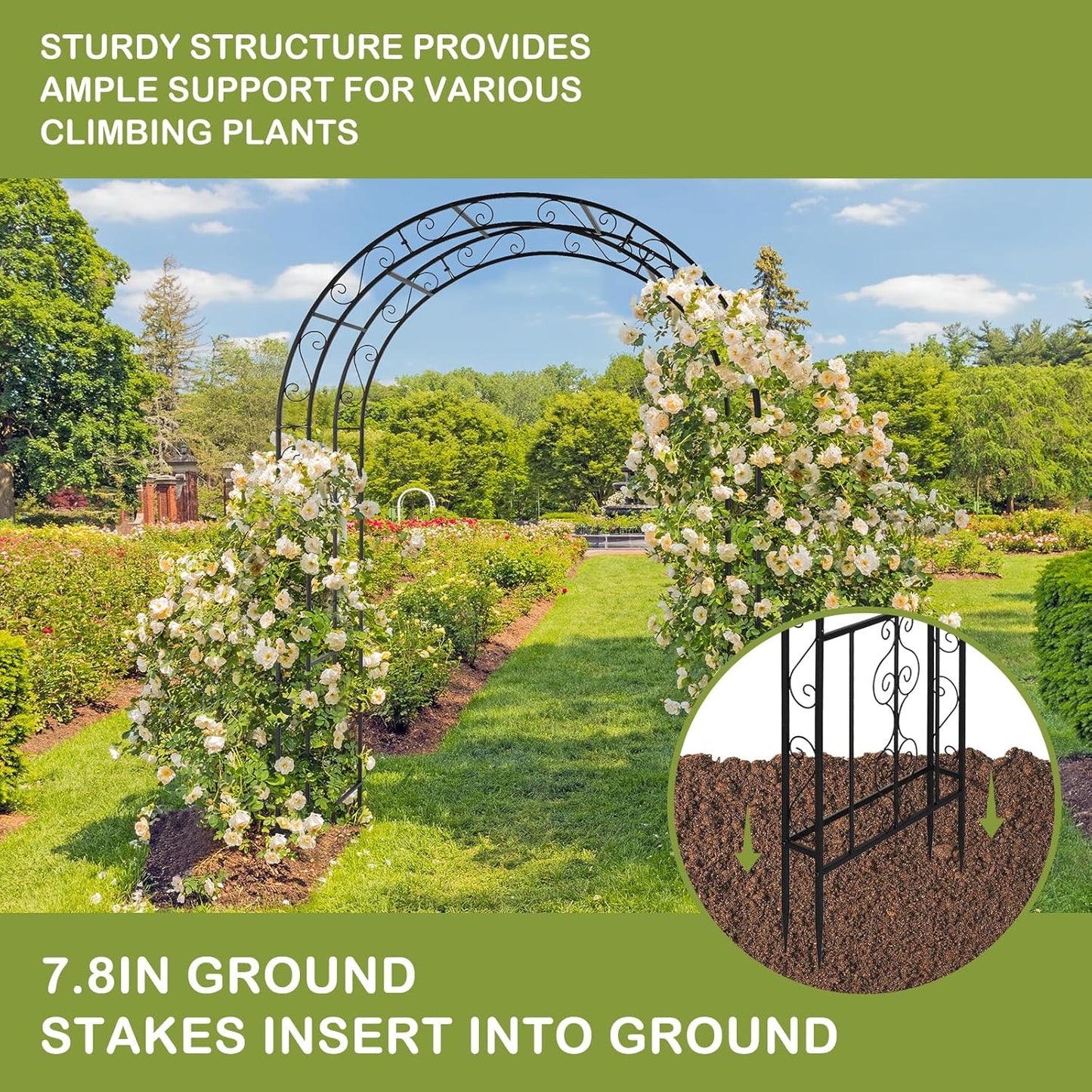 Outvita 7FT Garden Arch Arbor, Heavy Duty Metal Arbour Archway, Decorative Frame Stand Trellis with 7 Inch Ground Stakes for Wedding Ceremony Party Plant Climbing Rose Vines Lawn Courtyard Patio Black