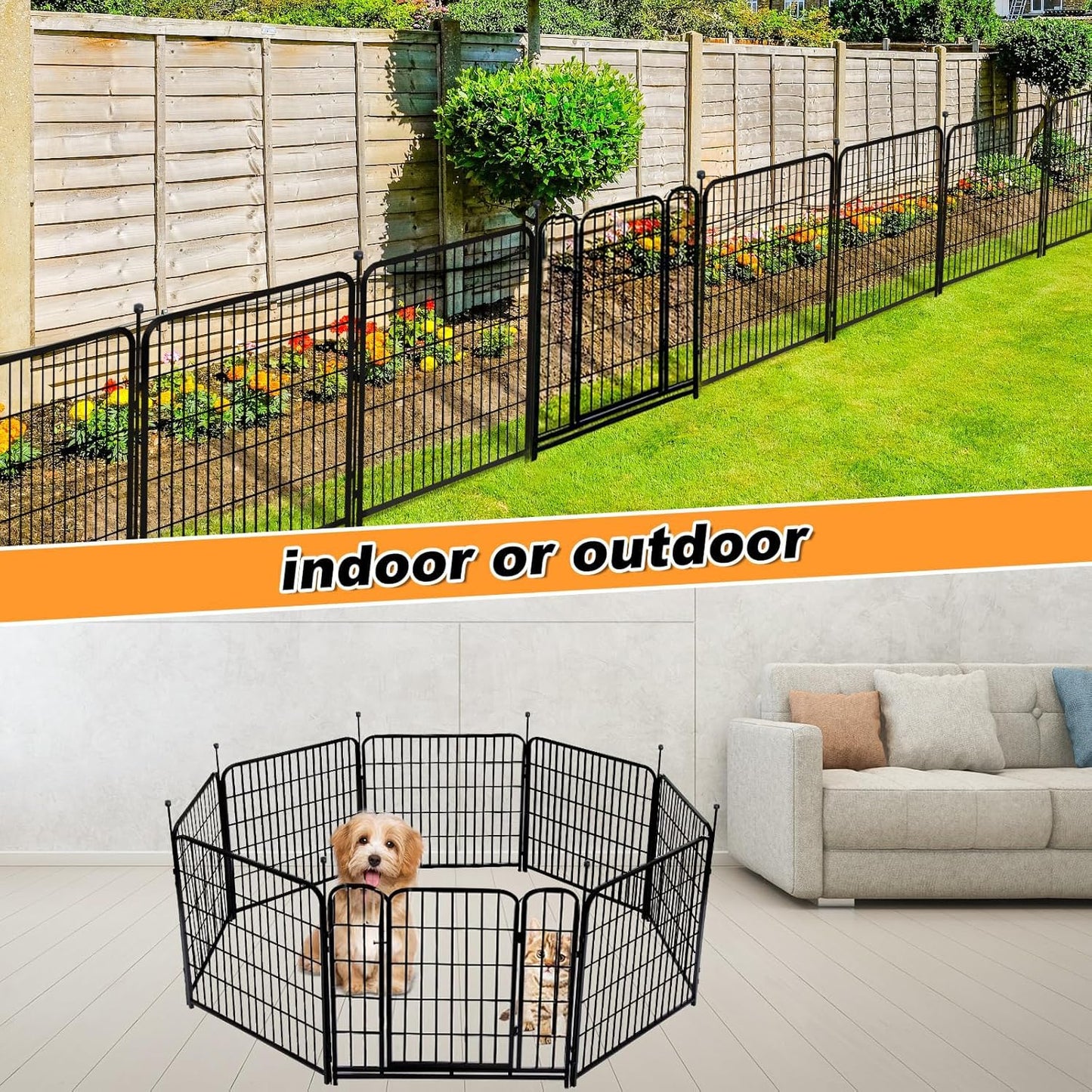 32 in(H) Decorative Garden Fence with Gate, 8 Panels Total 17.7 Ft(L) Heavy Duty Iron Animal Barrier Fence for Yard,Suitable for Indoor Pet Or Outdoor Dog Fencing, Garden Border Fence
