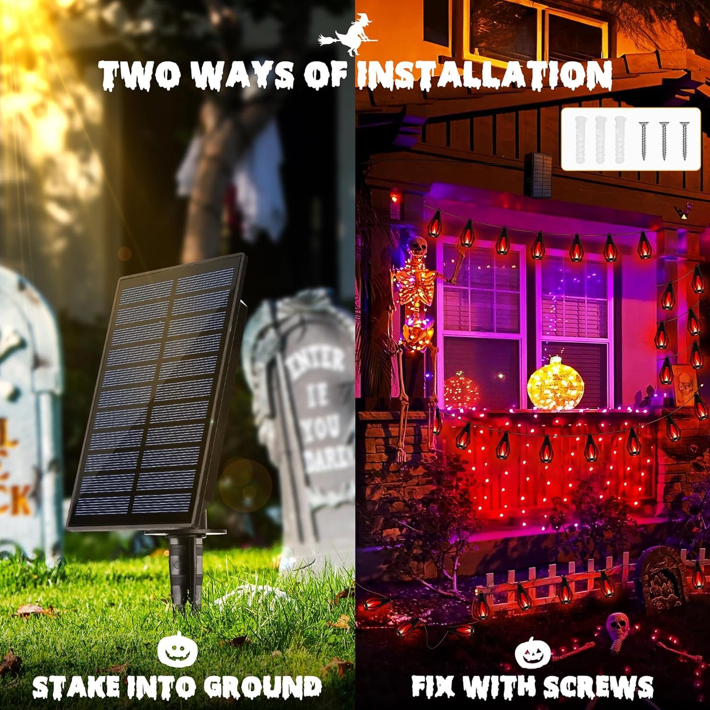iBaycon Solar Halloween Lights, 27Ft 10 LED Bulbs Flickering Flame String Light, Outdoor Waterproof Solar Flame Lights for Garden Yard Patio Halloween Decorations (Red)