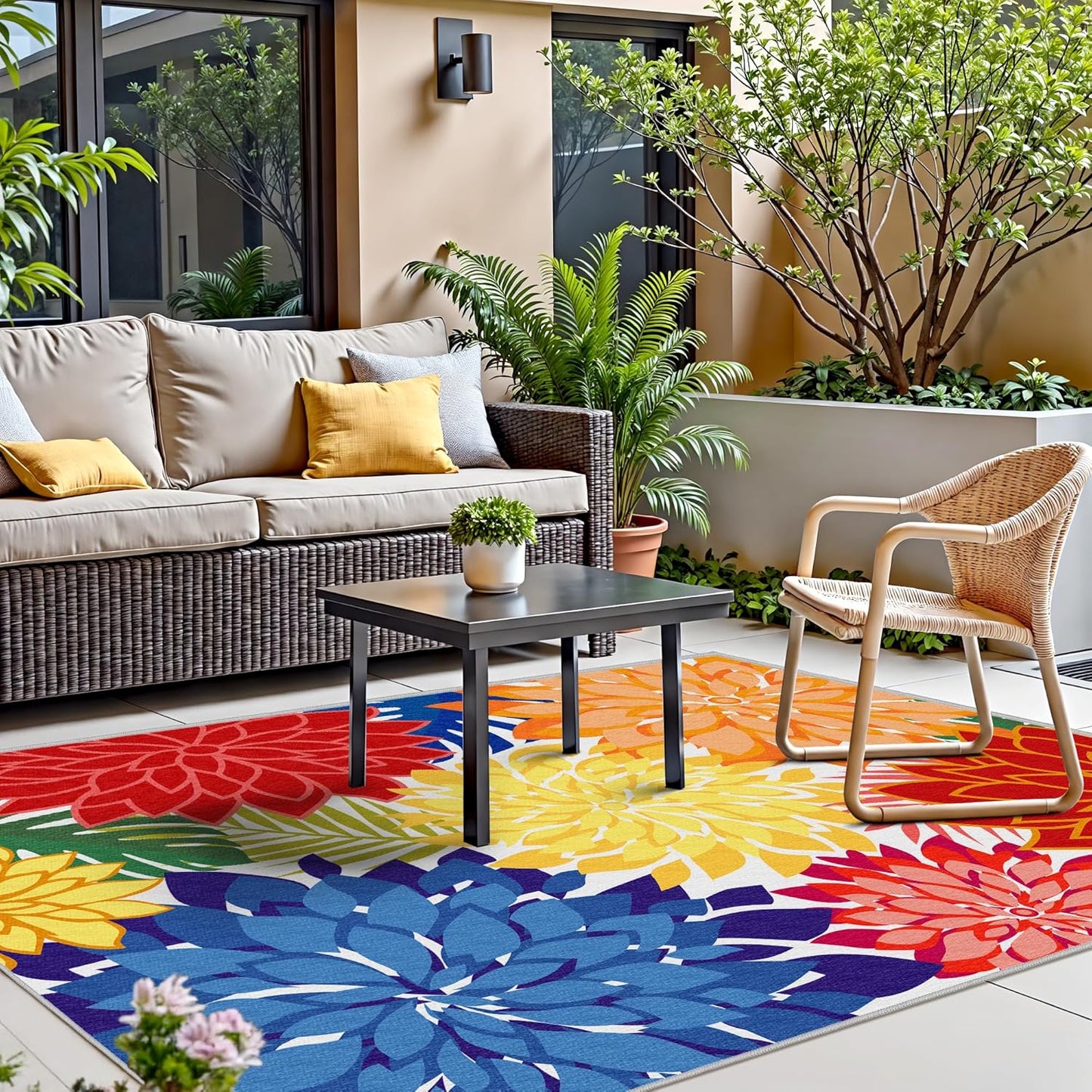 Indoor Outdoor Area Rug Washable Rugs Multicolored Patio Rug Tropical Botanical Modern Floral Indoor Outdoor Carpet Non-Slip for RV, Pool Deck, Backyard, Porch (9x12)