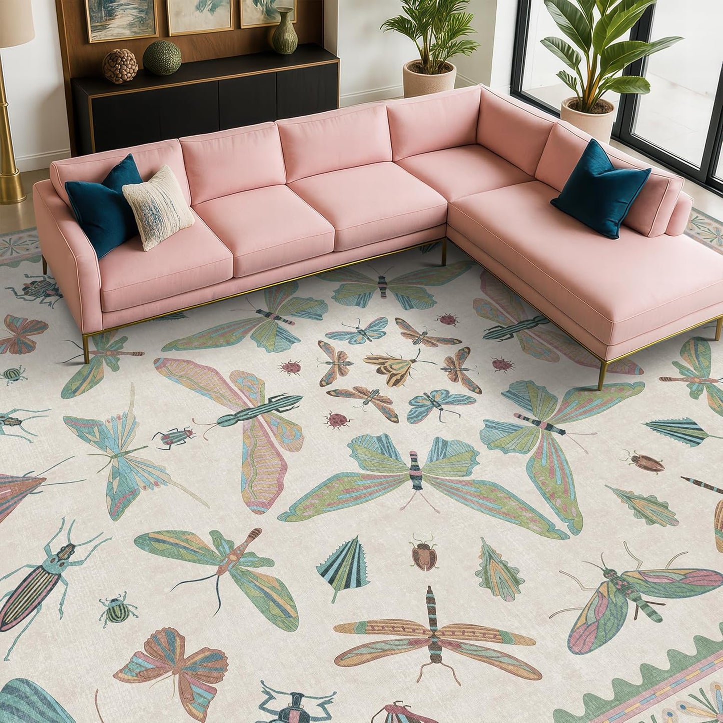 Green Butterfly Rugs for Girls Bedroom - 8x10 Floral Area Rug for Living Room, Dining Room Under Kichen Table, Washable Lightweight Insect Print Large Carpet Indoor