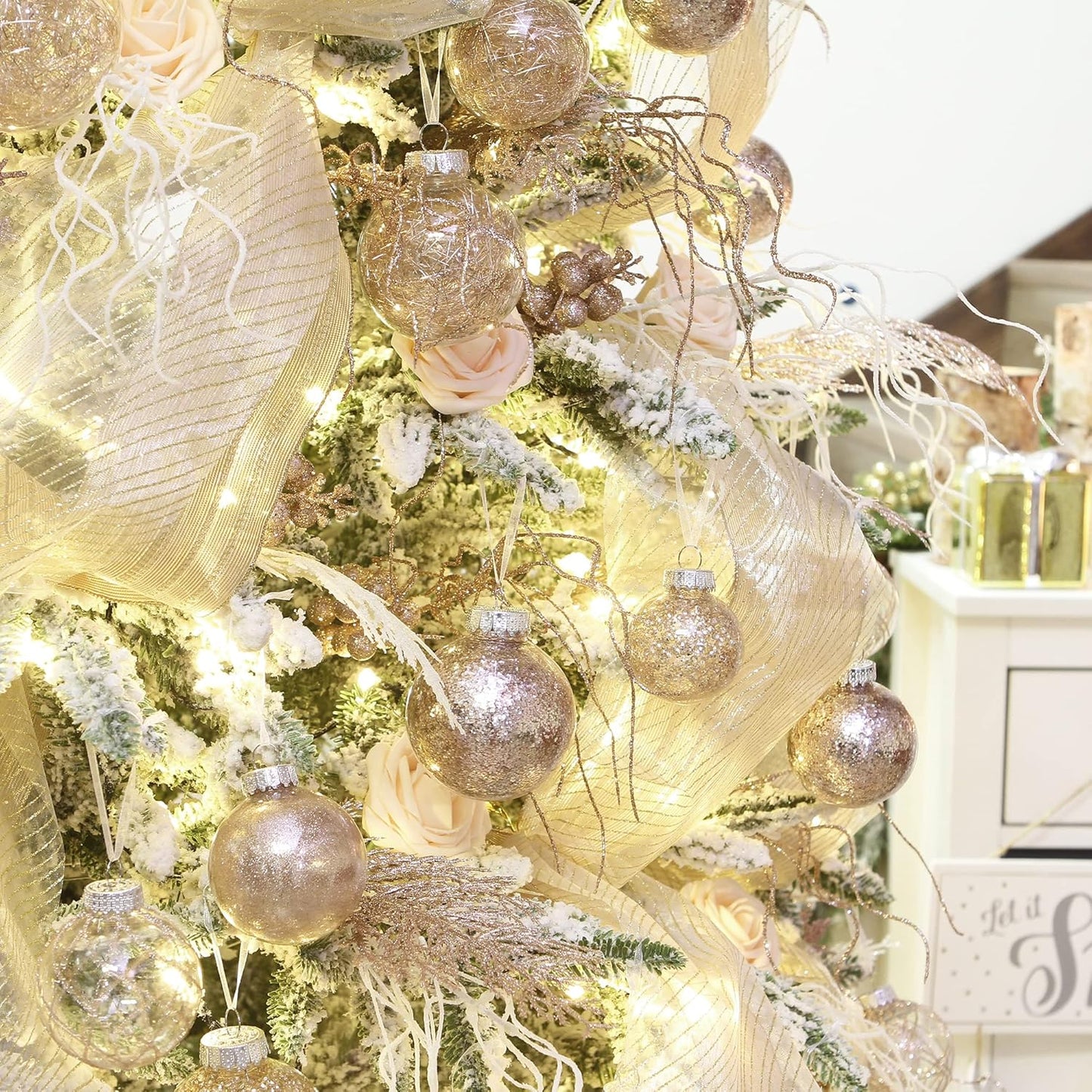 Sea Team Multi-Size Shatterproof Clear Plastic Christmas Tree Ball Ornaments Set, Decorative Hanging Transparent Xmas Baubles with Stuffed Delicate Decorations (25 Counts, Rose Gold)