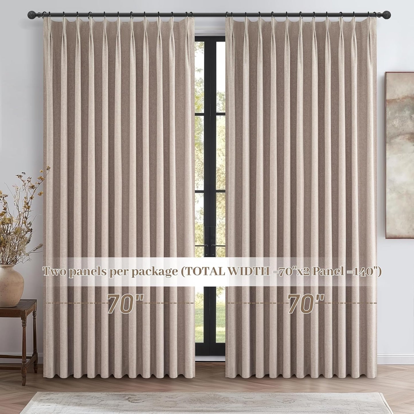 Extra Wide Thick Burlap Blackout Patio Door Curtains for Sliding Glass Door 2 Panels Set, Farmhouse Boho Pinch Pleated Flax Linen Blend Energy Efficient Bedroom Window Large Drapes (70"Wx84"L)