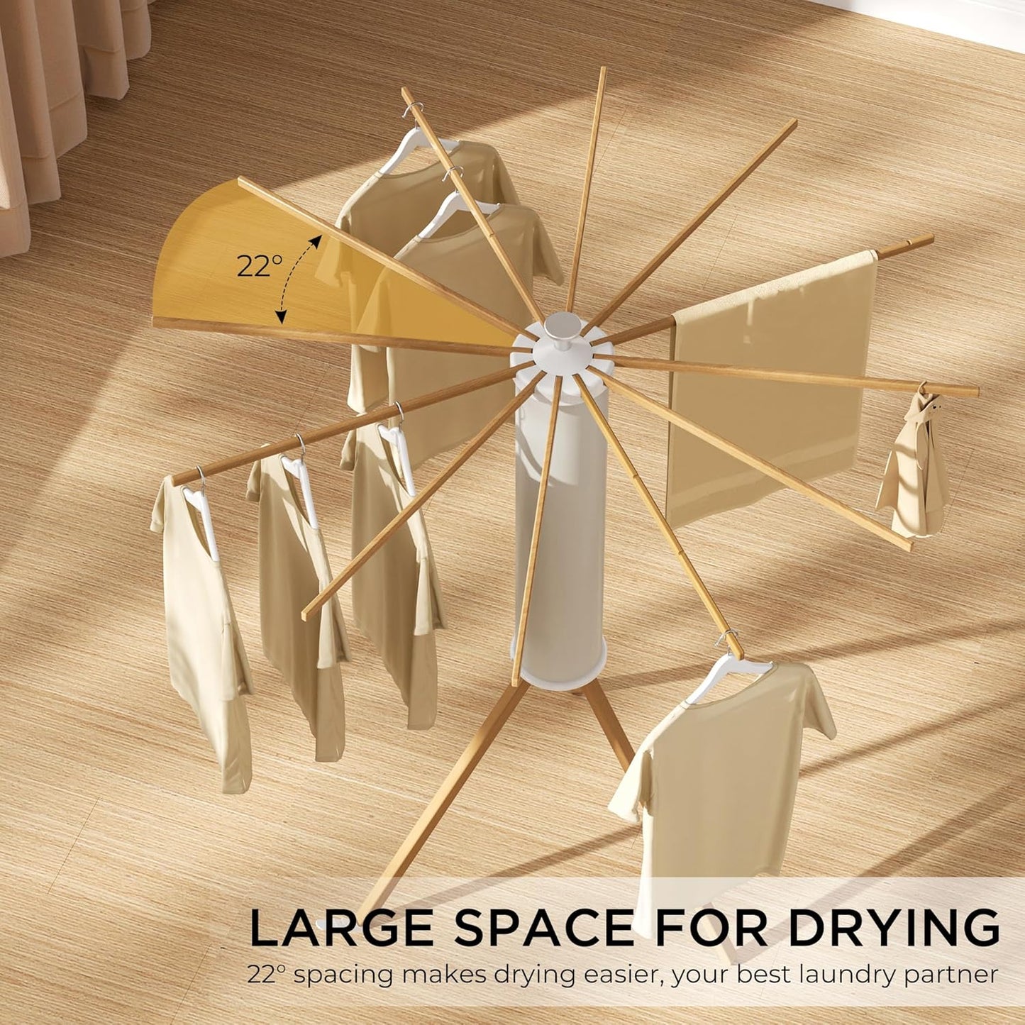 Tripod Clothes Drying Rack, Garment Rack Portable and Foldable Space Saving Laundry Drying Rack - Dryer Rack Clothing Floor Folding Balcony Bedroom Household (Beige(Wood), 12 rods)