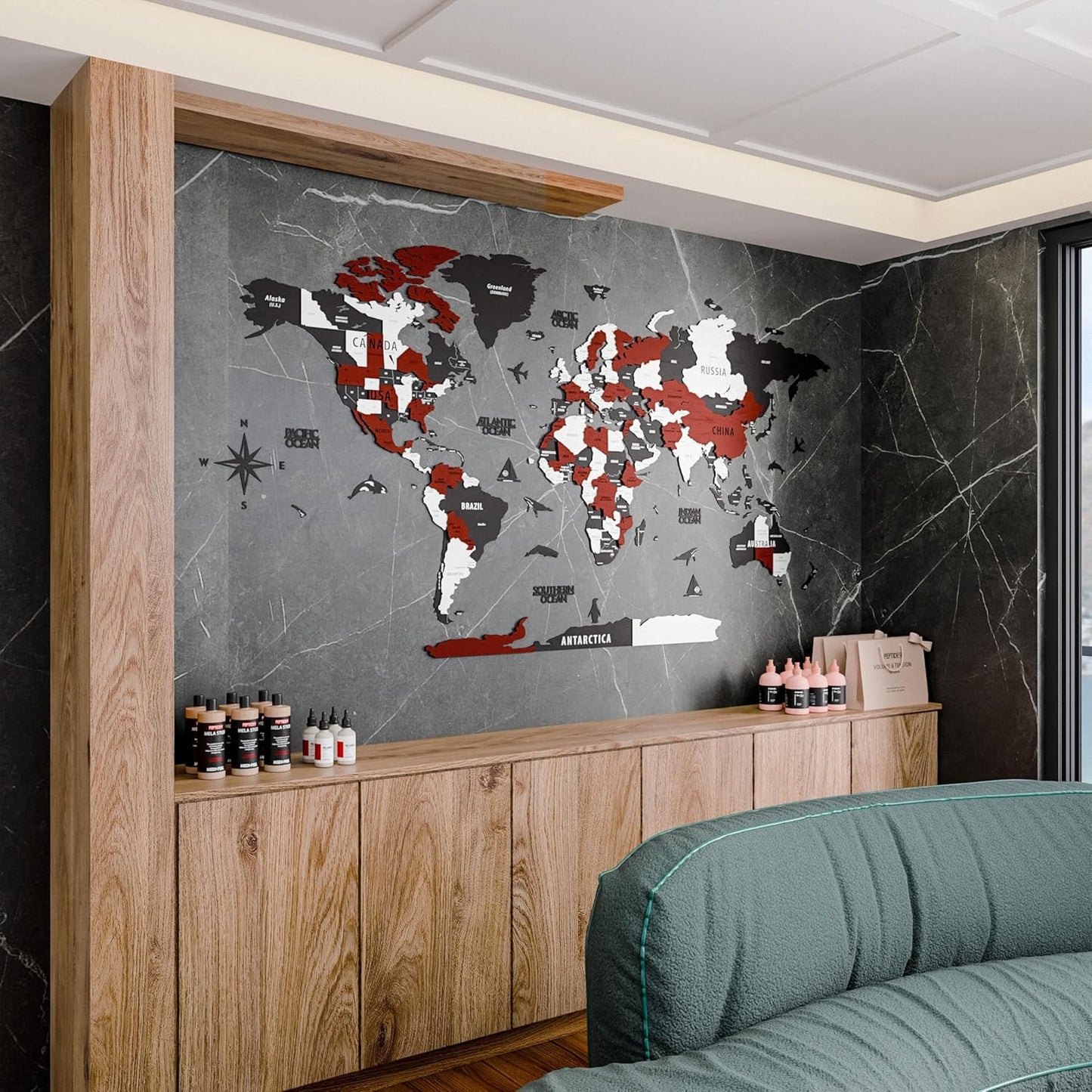 Colorfull Worlds 3D Wooden World Map Wall Art | Unique Wall Decor with Pins for Travel Enthusiasts | Home and Office Wall Décor | Burgundy | Medium