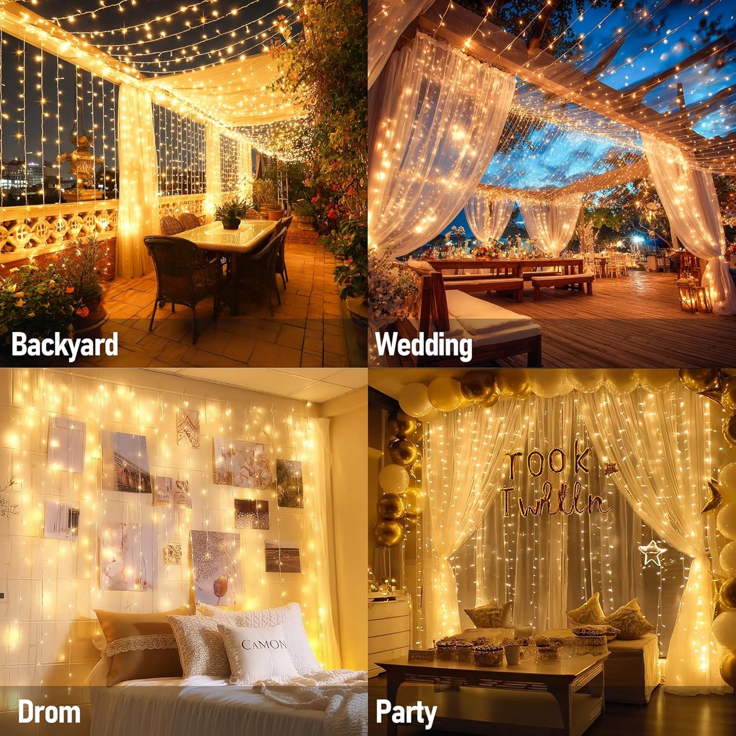 Dazzle Bright 300 LED Curtain Lights, Plug in Fairy Curtain Lights for Bedroom, Christmas Hanging String Lights Outdoor for Window Backdrop Wall Wedding Patio Indoor Dorm Party Decor, Warm White