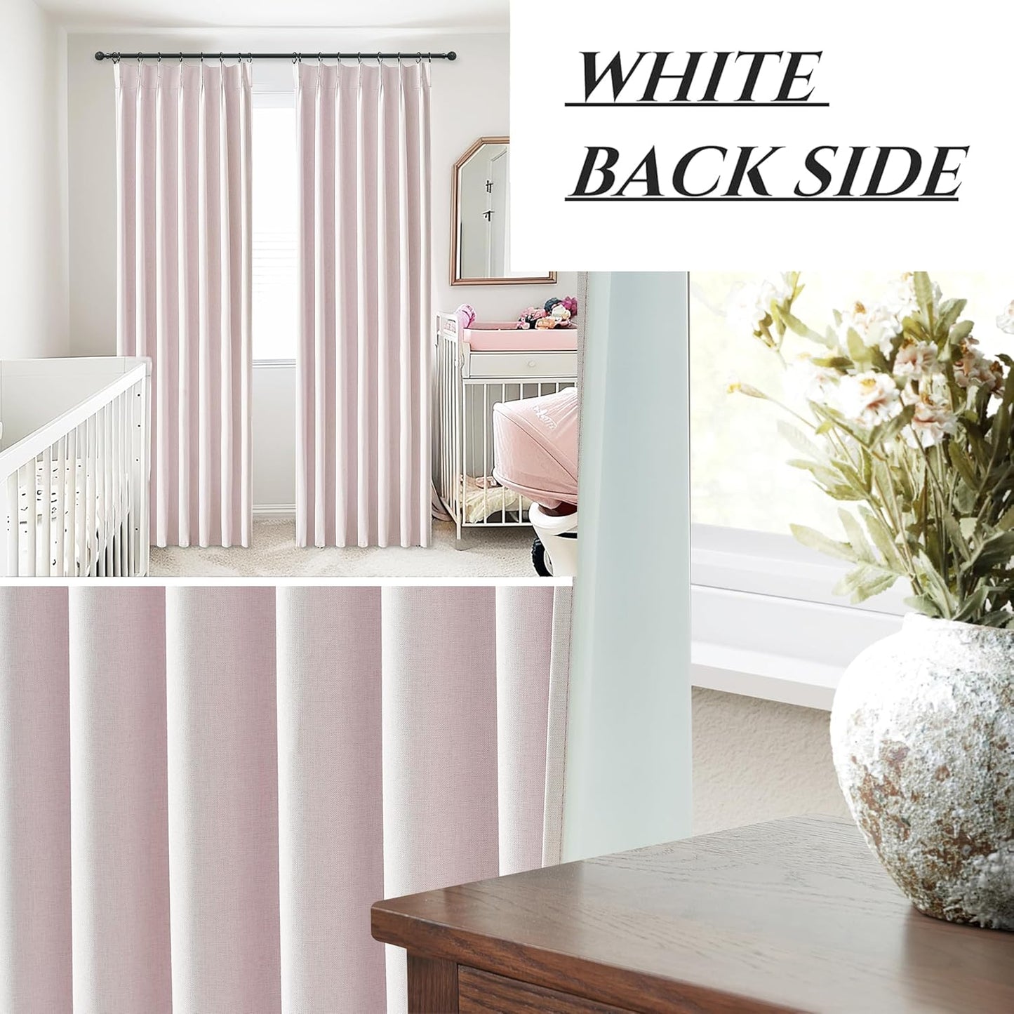 Pale Pink Preppy Linen Pinch Pleated Curtains 108 Inches Long Complete Blackout for Bedroom Funky Cute Window Curtains Noise/Heat Blocking Heavy Insulated Drapes for Winter/Summer Hooks&Rings Included