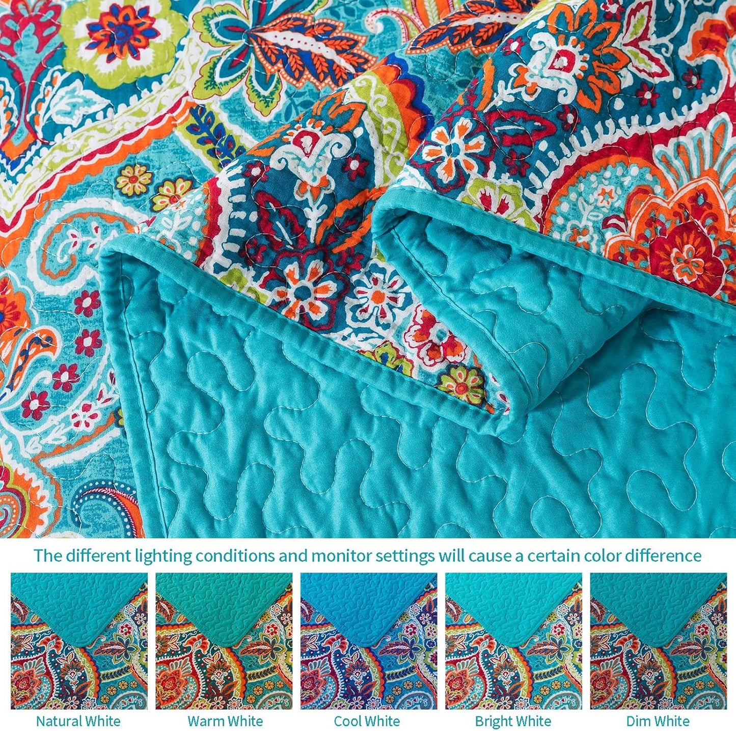VAPUTAR Quilt King Bedding Set - Soft Cotton Quilts with Paisley Floral Pattern - Lightweight Reversible Bedspreads for Farmhouse (3 Pieces, Bright Teal)