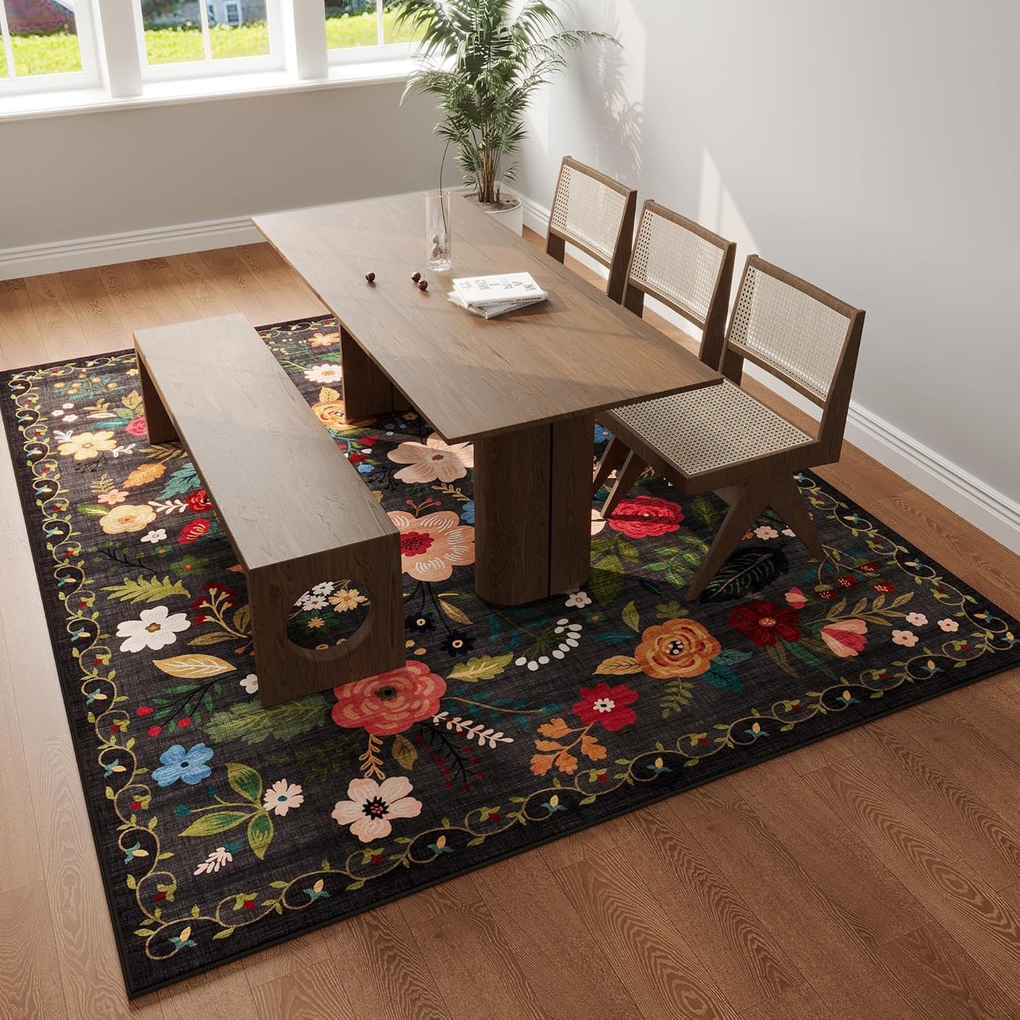 Area Rugs 9x12 Living Room Clearance Washable Boho Rug Non Slip Floral Vintage Low Pile Large Rug for Living Room, Bedroom, Farmhouse, Dining Room, Kids Playroom(Black)