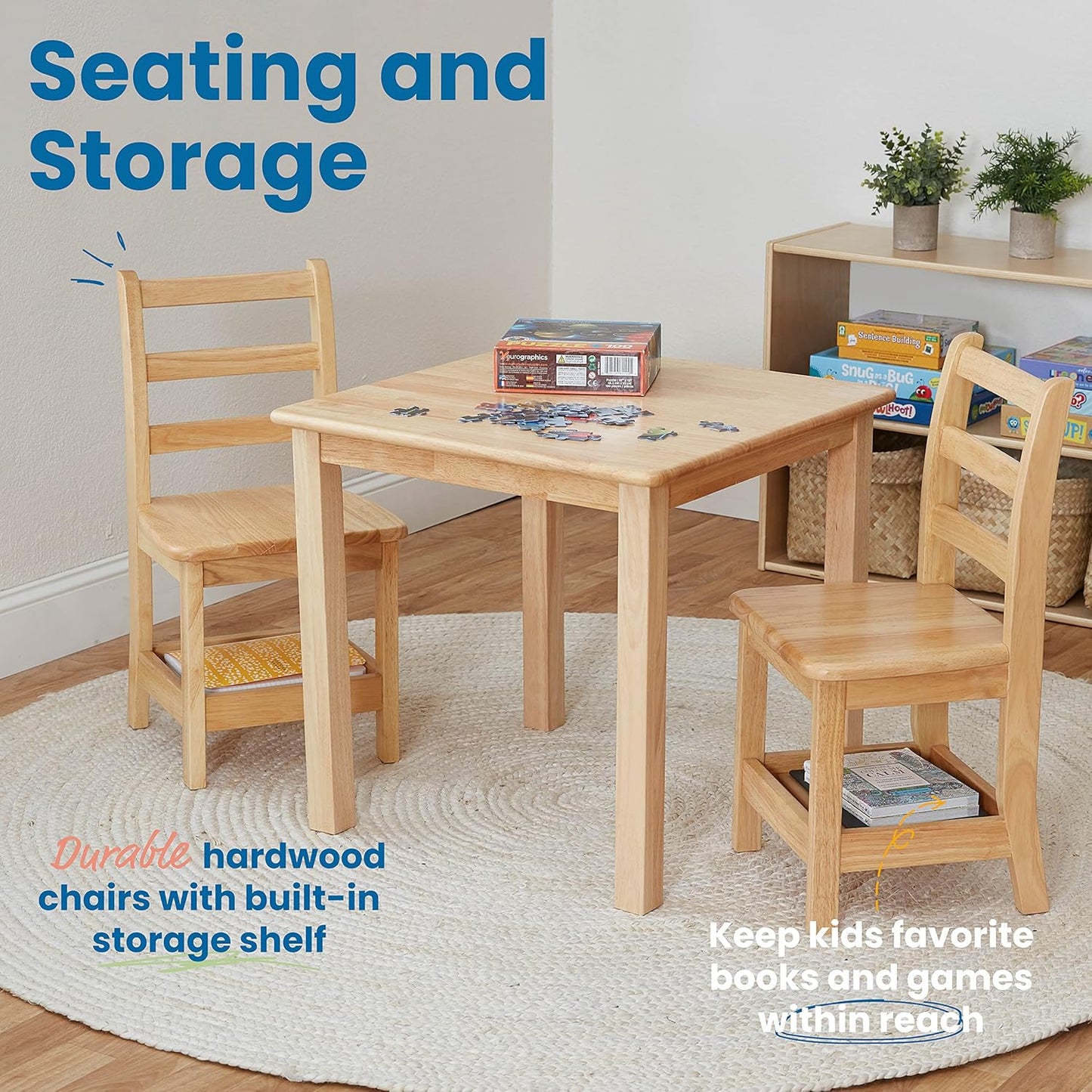 ECR4Kids Three Rung Ladderback Chair with Storage, 14in Seat Height, Classroom Seating, Honey, 2-Pack