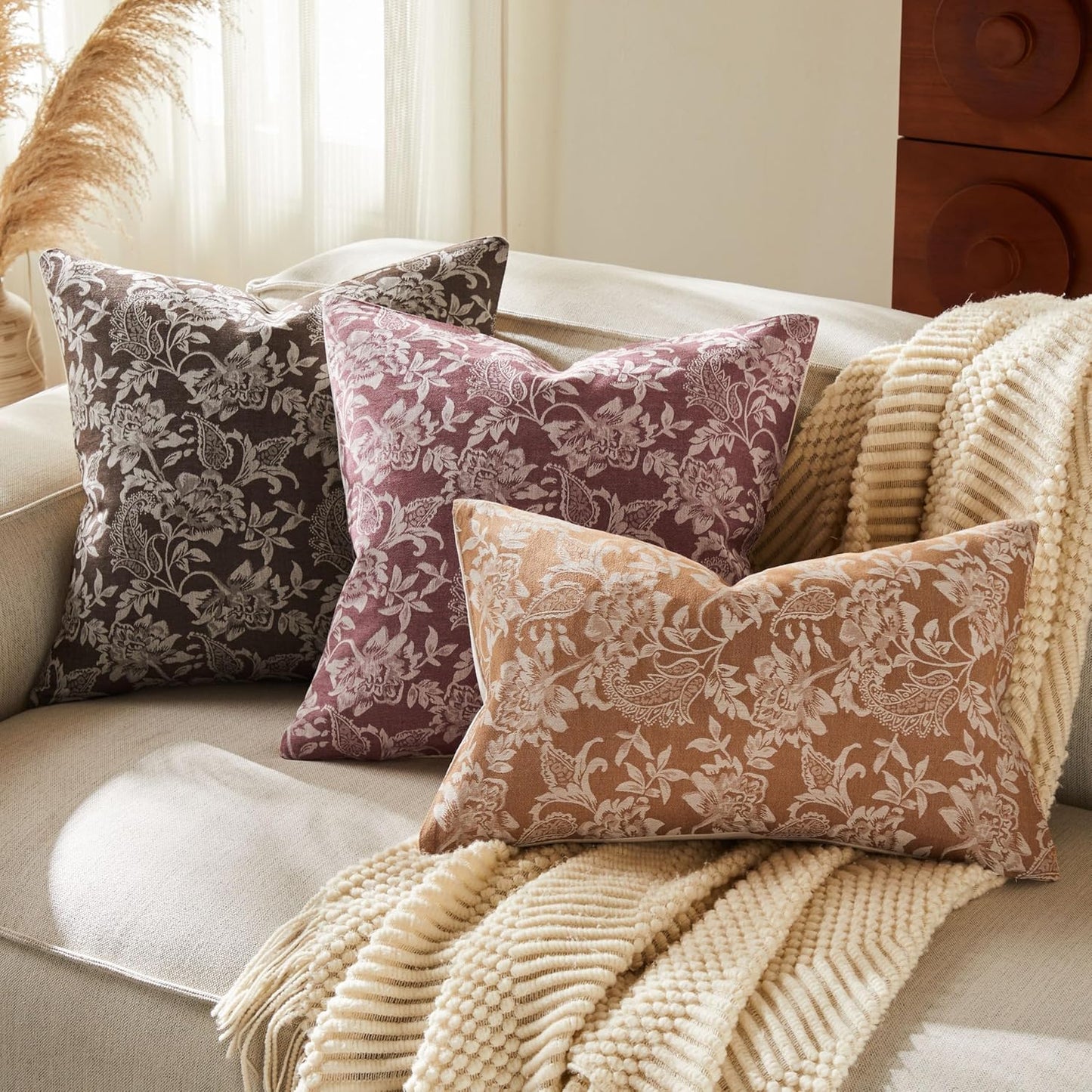 Floral Jacquard Throw Pillow Covers Set of 2, Background/Chocolate 24x24 Inch, Farmhouse Decorative Cotton Dark Brown Cushion Covers for Sofa Bed Living Room Home Decor