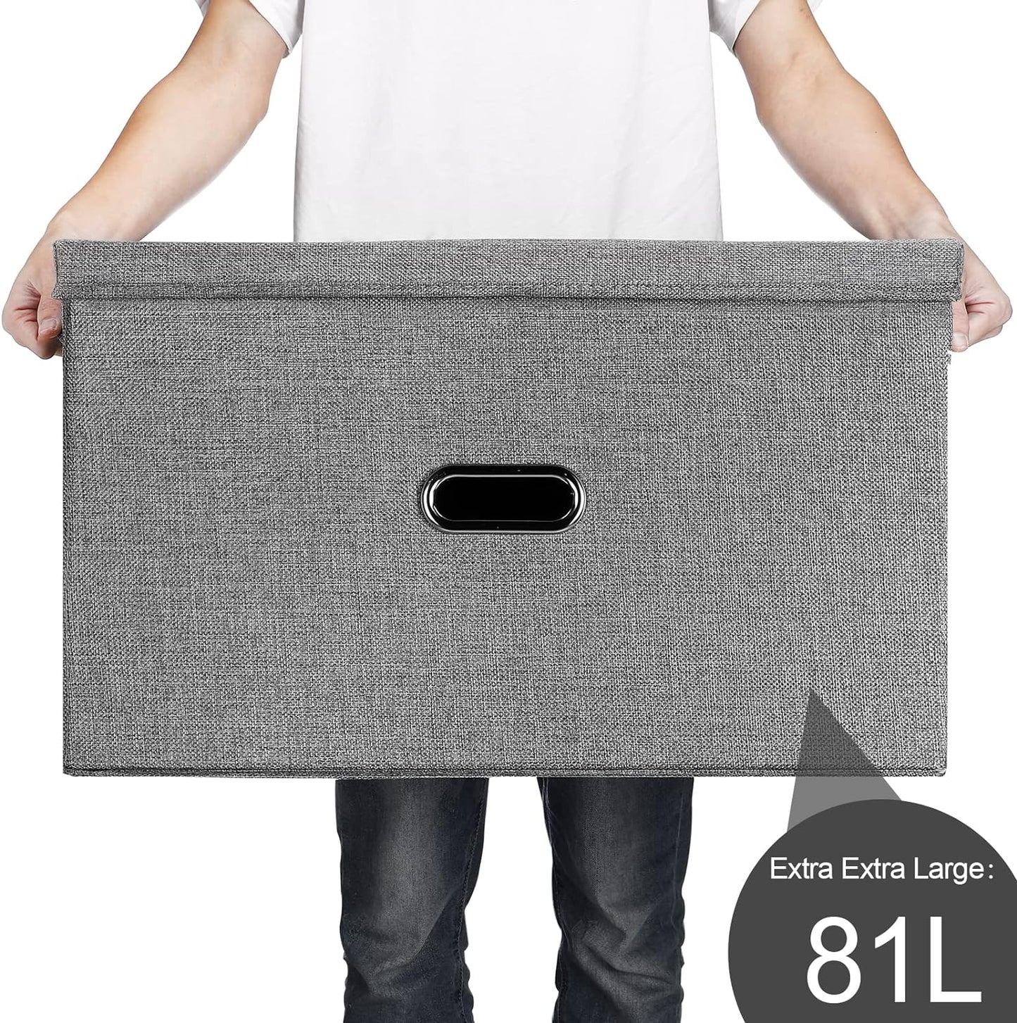 Large Linen Fabric Foldable Storage Bins with Removable Lid and Handles, Washable Storage Box Organizer Containers Baskets Cube with Cover for Bedroom,Office(Black, XXL(2-Pack))