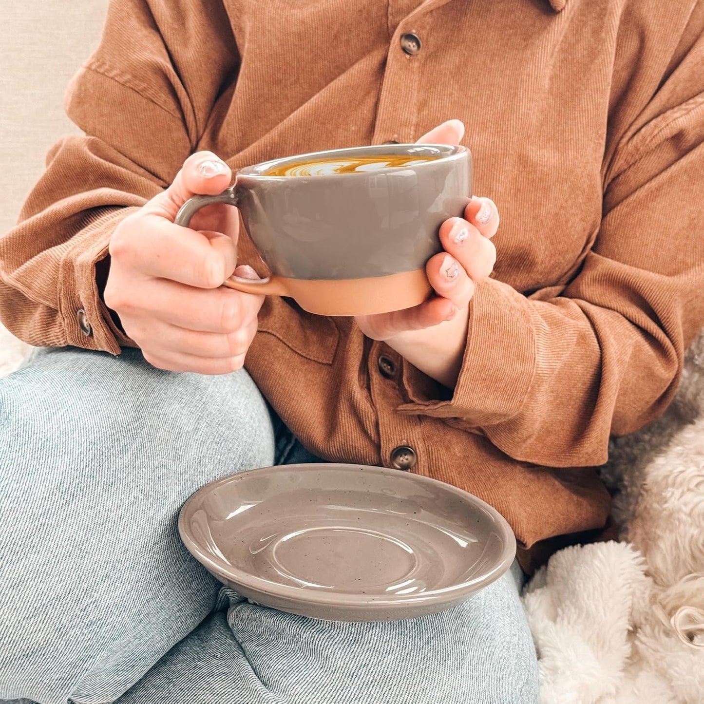 Mora Ceramic Latte Art Mug With Saucer - 10.5 oz, Round Bottom For Perfect Pours - Cafe Cups for Cappuccino, Espresso, Coffee, Tea etc - Porcelain Set for Baristas, Great Gift - Sesame Milk