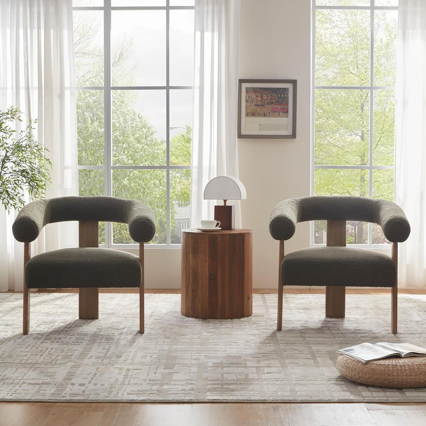 VKNOW Accent Chairs Living Room Chairs, Modern Upholstered Armchair with Solid Wood Legs, Comfy Barrel Arm Chairs for Living Room Office, Sage Green